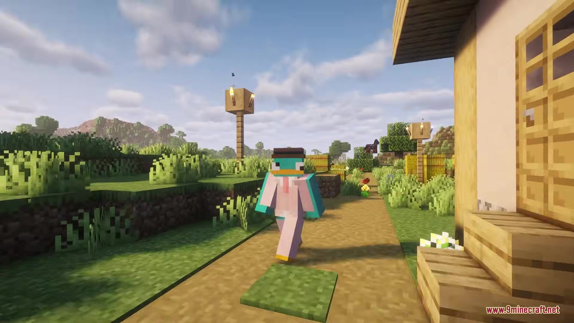 Love Core Mod Screenshot 5 Perry the Platypus skin wearing a pink suit in a Minecraft village