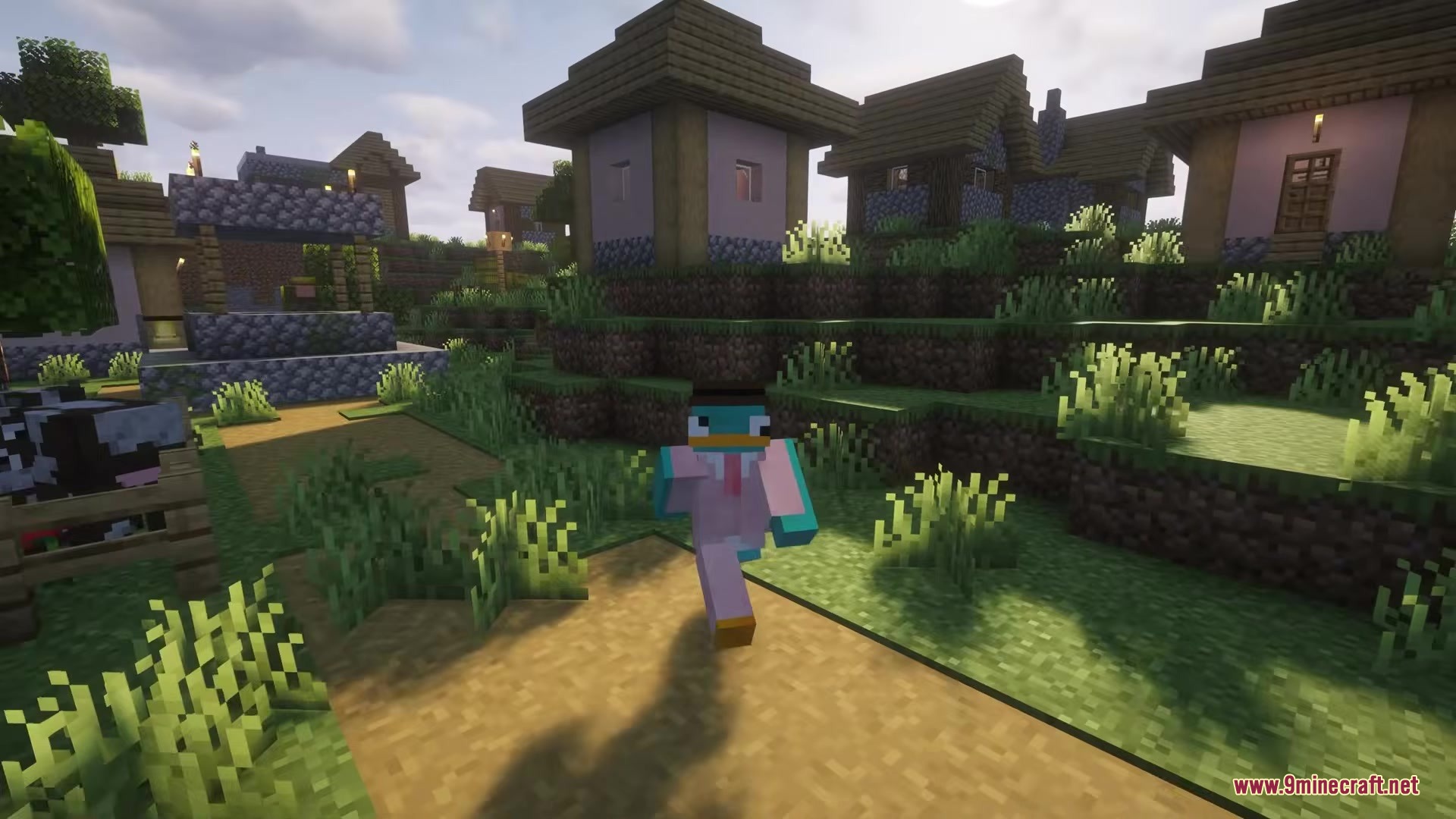 Love Core Mod Screenshot 6 Character in a pink suit explores a village with wooden houses
