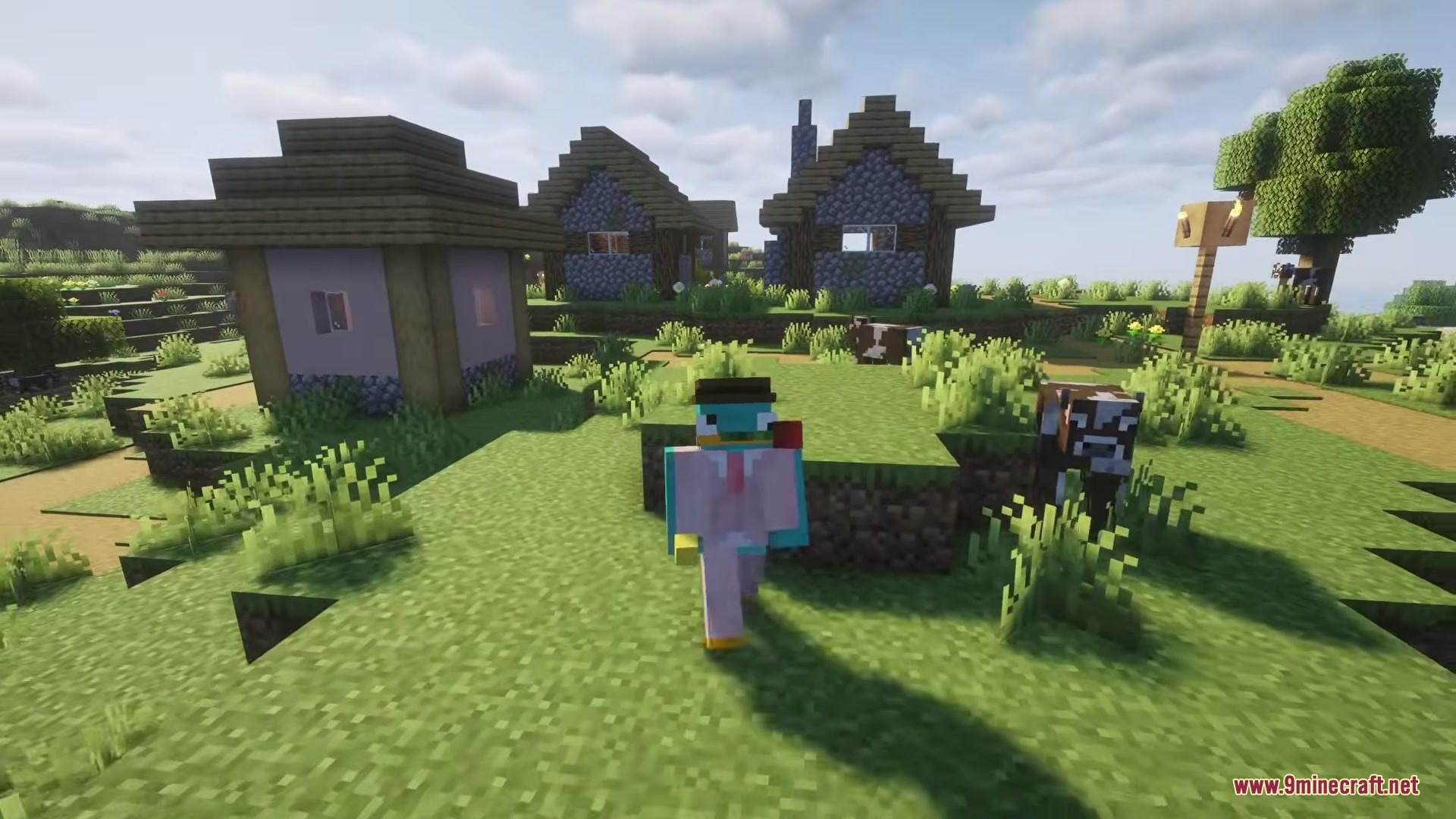 Love Core Mod Screenshot 9 Player wearing a pink suit and hat stands in a village