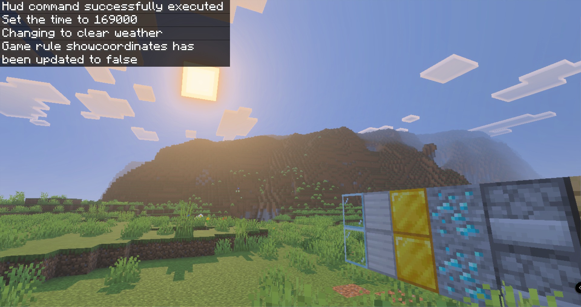 Lucky Skyblock V5 Map Screenshot 2 A grassy Minecraft landscape with mountains and a wall of resource blocks