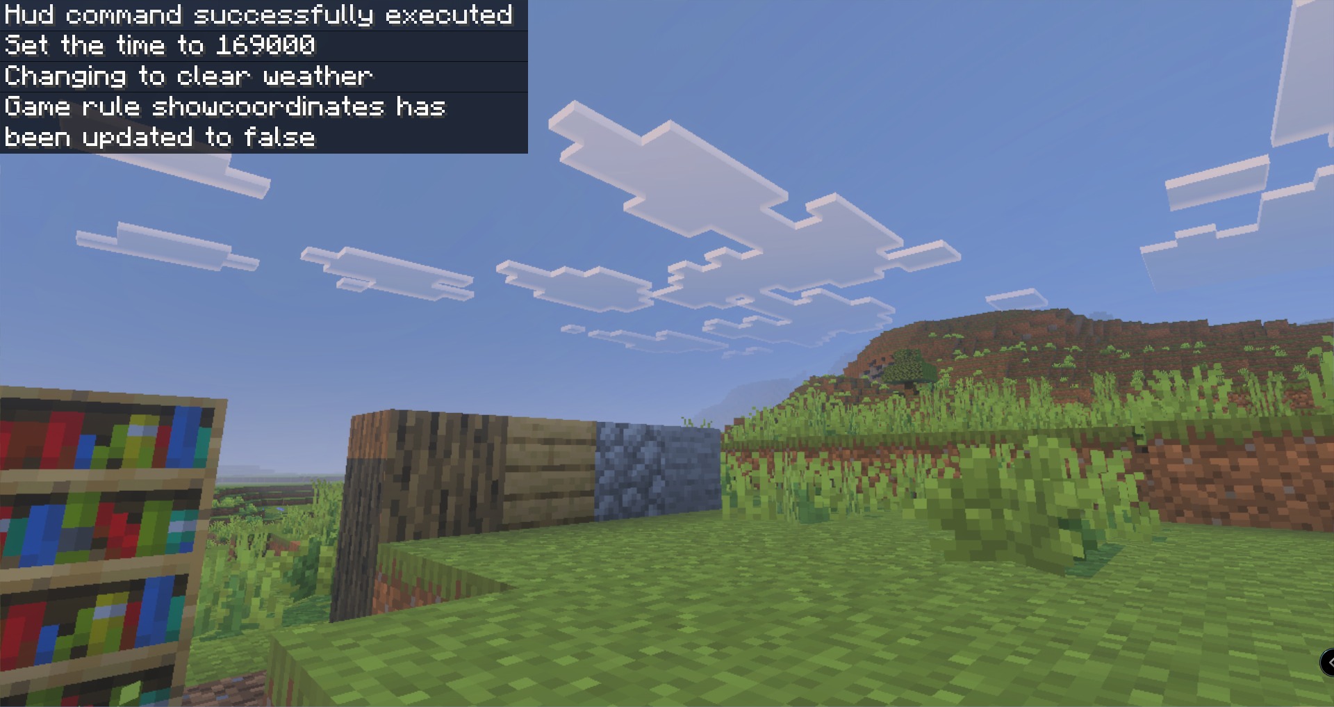 Lucky Skyblock V5 Map Screenshot 3 A bookshelf and building blocks on a grassy island with command text