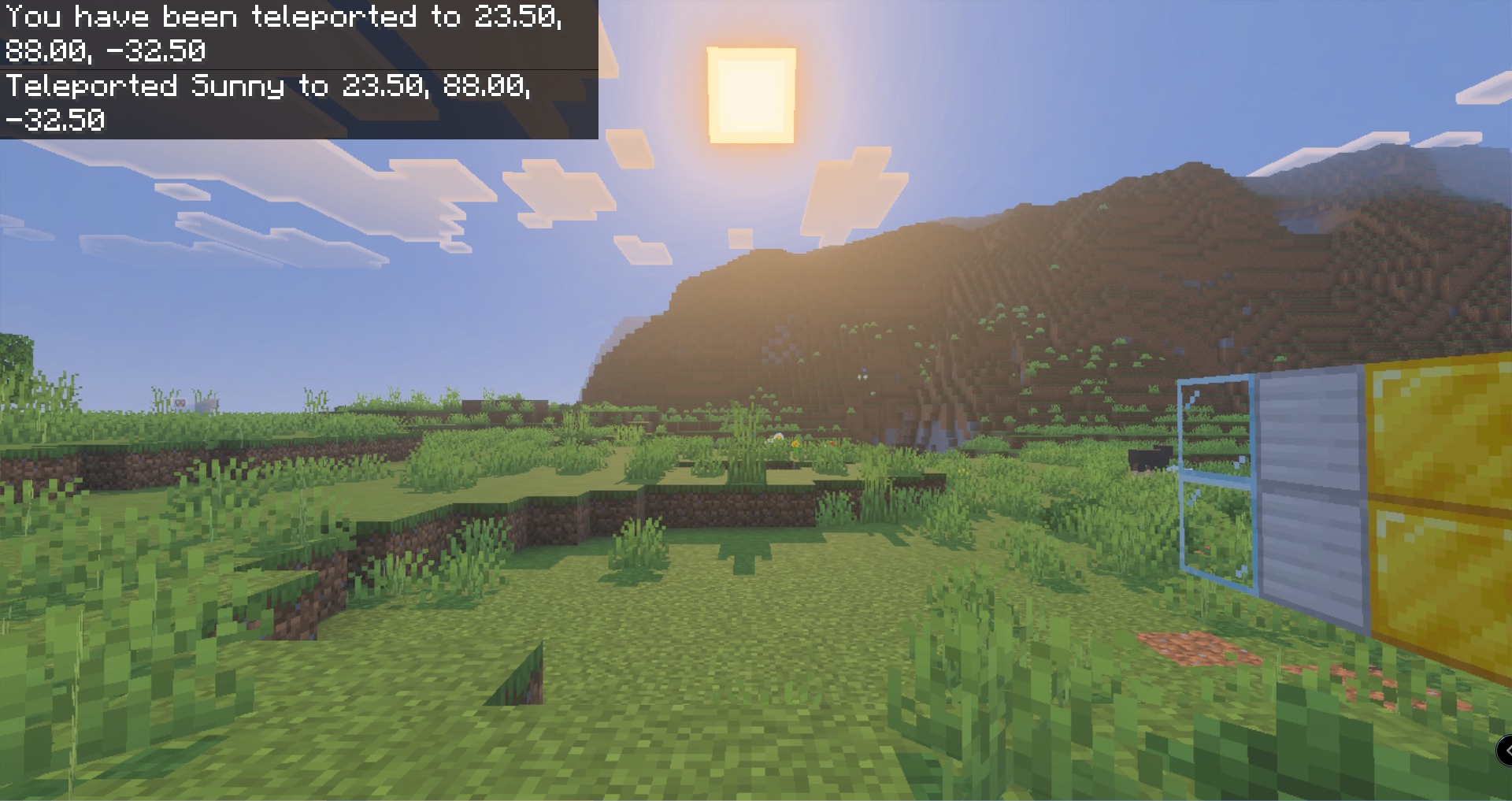Lucky Skyblock V5 Map Screenshot 6 Sunny Minecraft landscape with chat logs showing player teleportation to specific coordinates