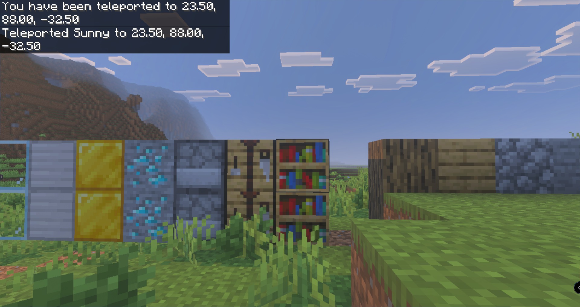 Lucky Skyblock V5 Map Screenshot 7 Player teleported to a row of various Minecraft blocks in a grassy field