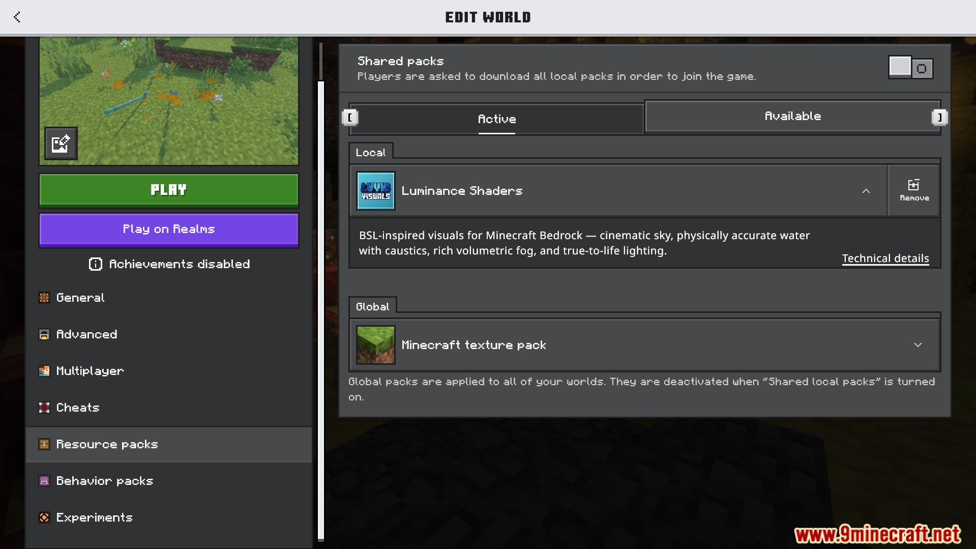 Luminance Shader Screenshot 1 Resource pack settings menu showing Luminance Shaders active for Minecraft Bedrock Edition