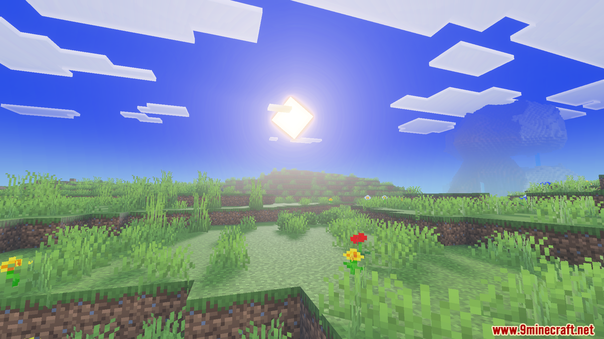 Luminance Shader Screenshot 2 Beautiful landscape with bright sun glare and soft fog in Minecraft Bedrock