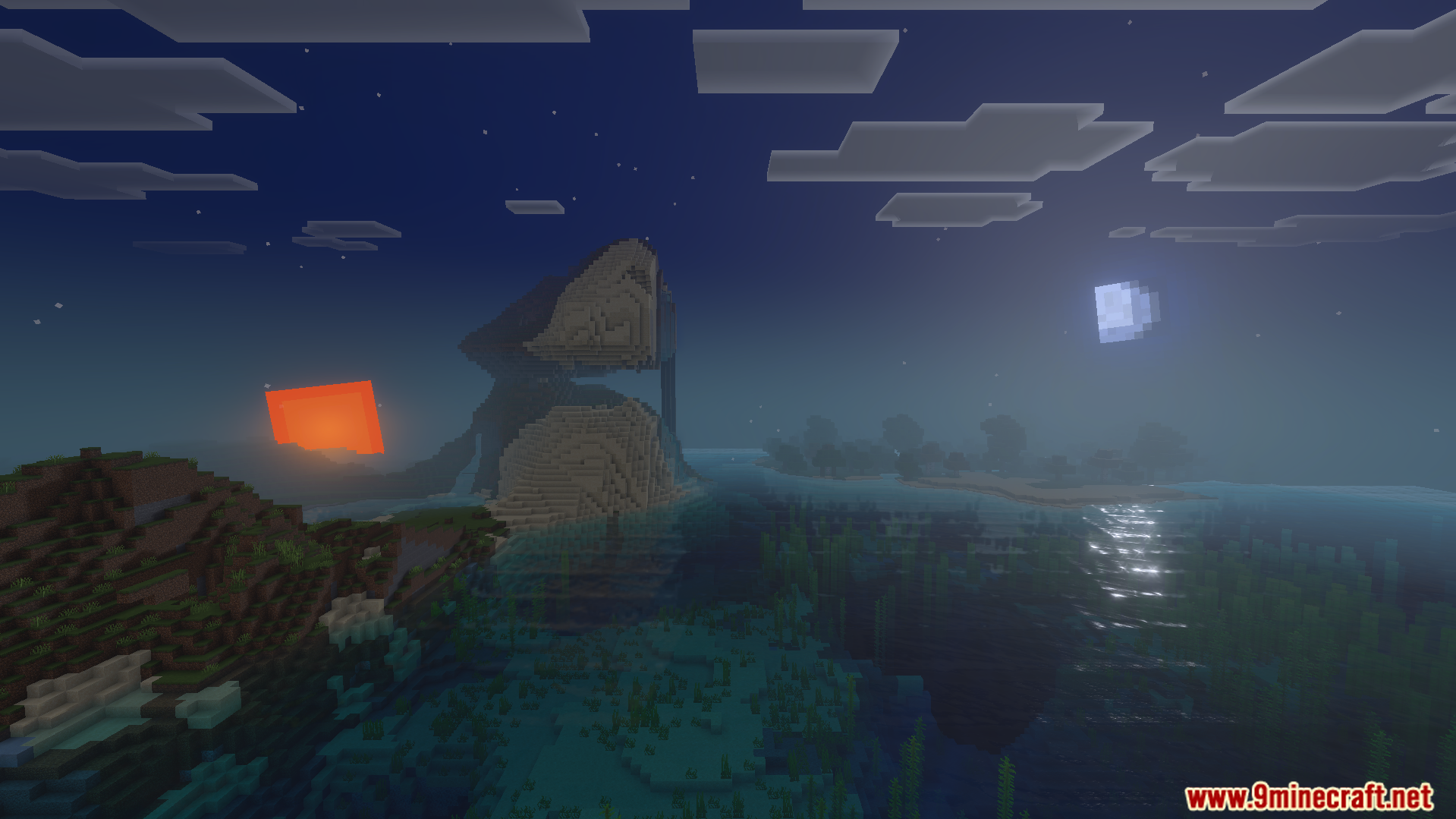 Luminance Shader Screenshot 5 Night landscape with moon and sun showing smooth water reflections and fog