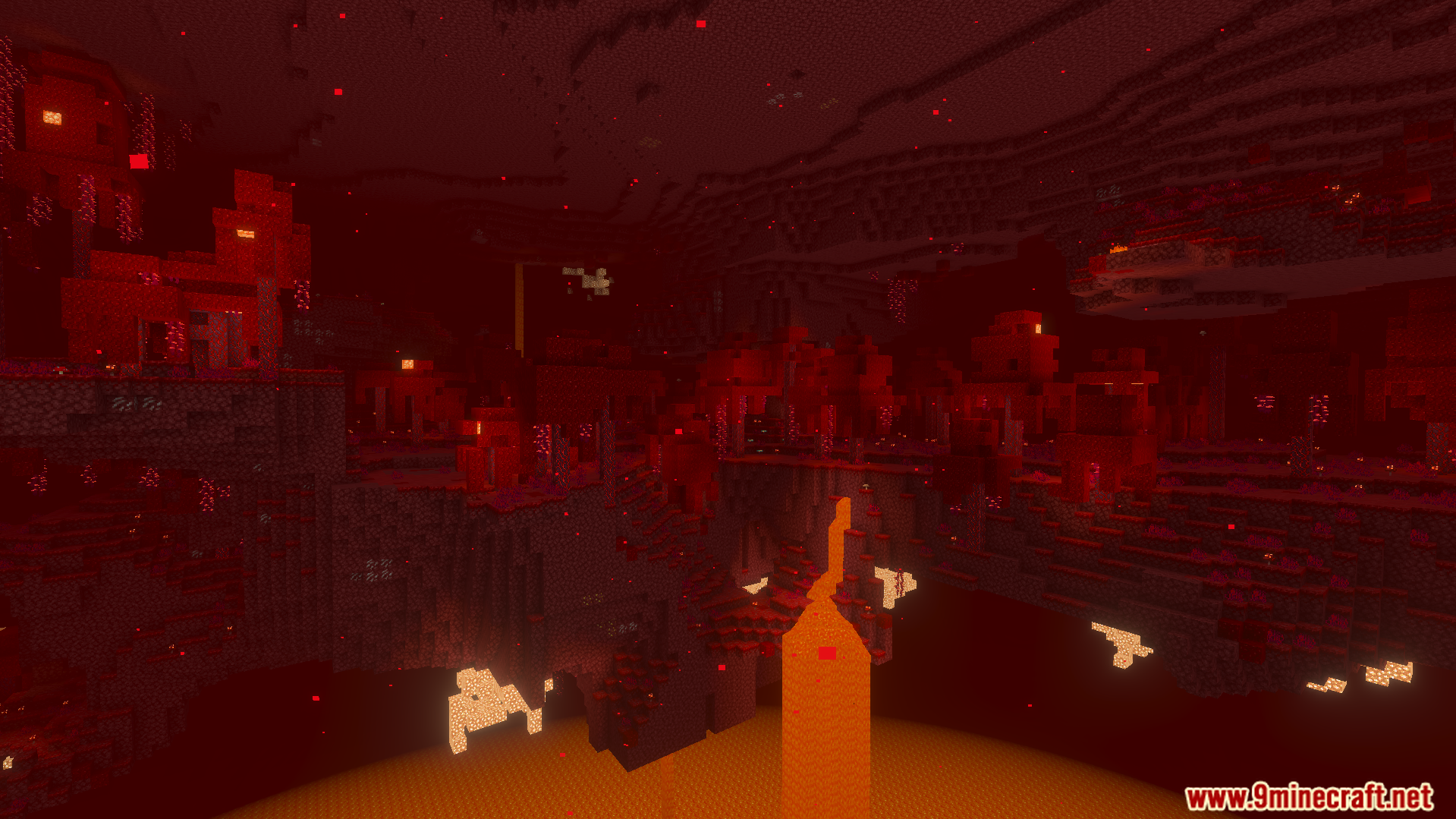 Luminance Shader Screenshot 6 Nether landscape with bright red lighting and cinematic fog effects throughout the dimension