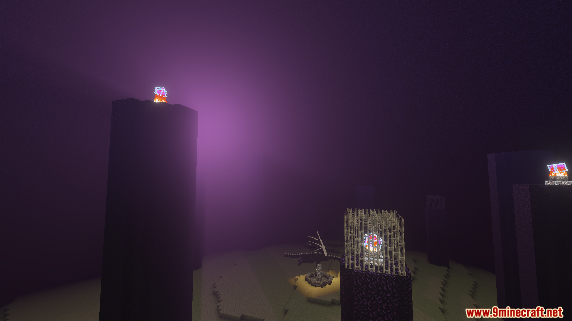 Luminance Shader Screenshot 8 The End dimension with obsidian pillars and End Crystals under soft purple fog