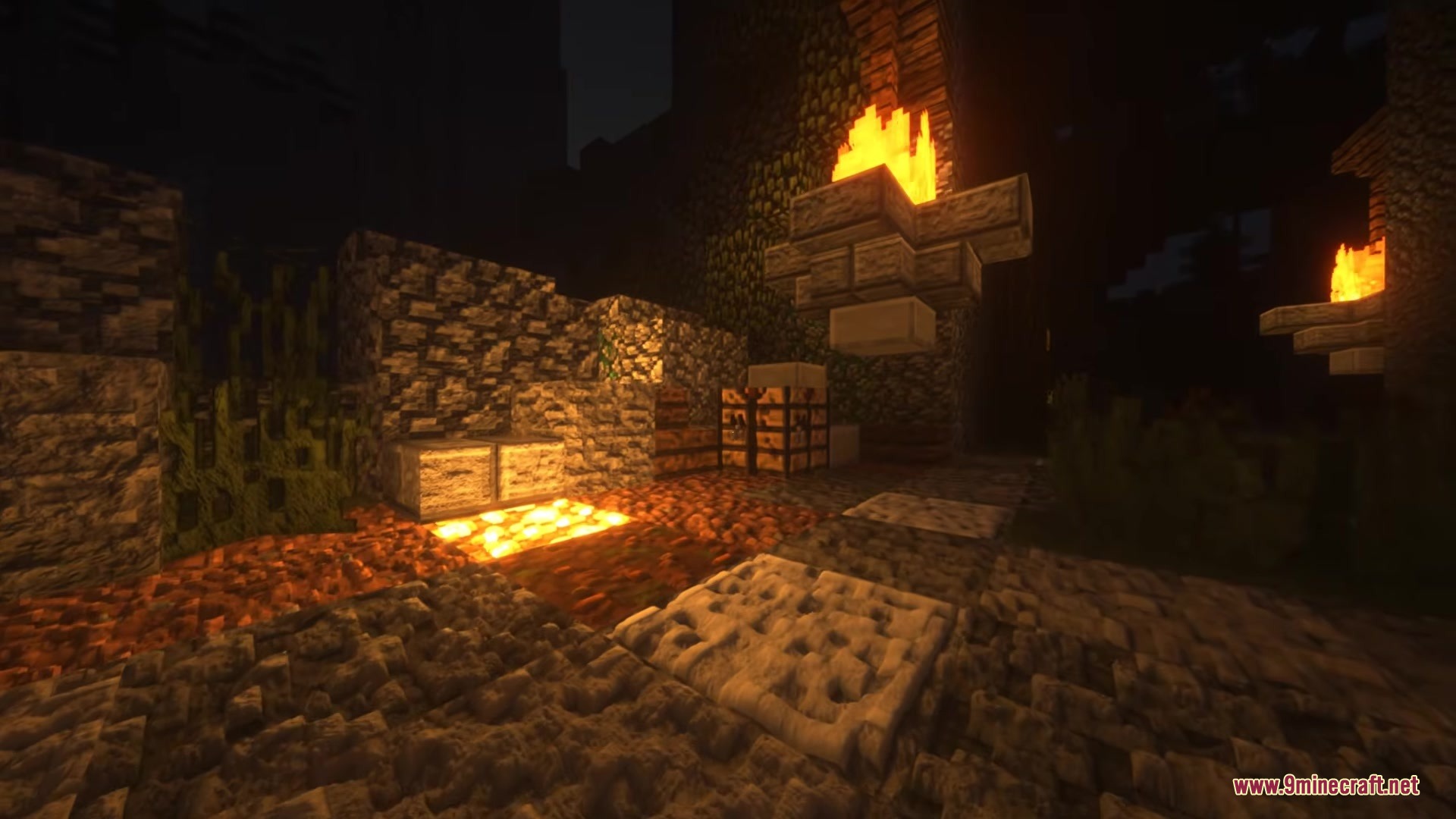 Luna HD 64x Resource Pack Screenshot 1 Realistic cobblestone walls and glowing magma blocks in a dark underground area
