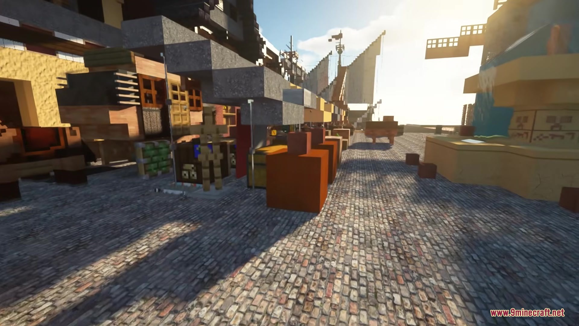Luna HD 64x Resource Pack Screenshot 2 Sunlight shines on a detailed cobblestone street with various market stalls nearby
