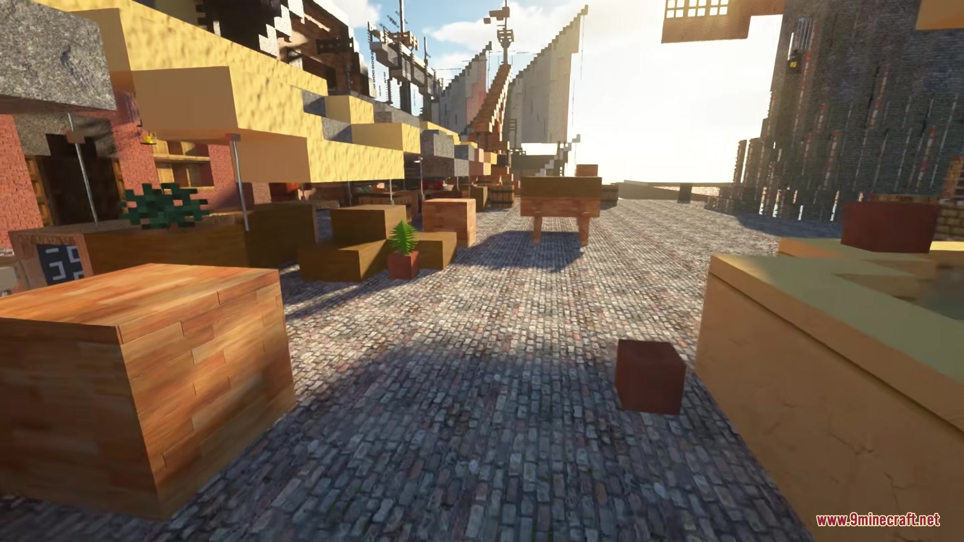 Luna HD 64x Resource Pack Screenshot 4 A cobblestone street with wooden crates and a large ship in the background