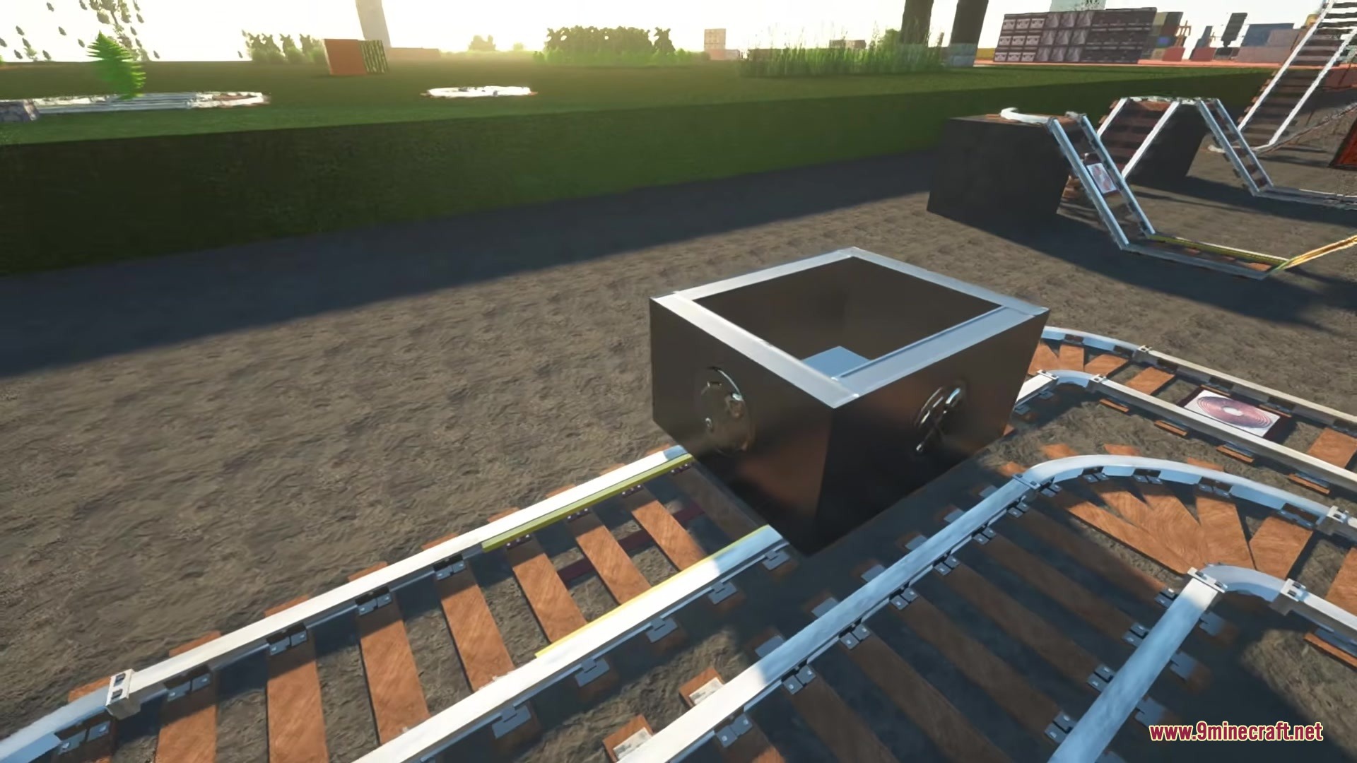 Luna HD 64x Resource Pack Screenshot 5 A realistic minecart sitting on detailed wooden tracks with modern textures