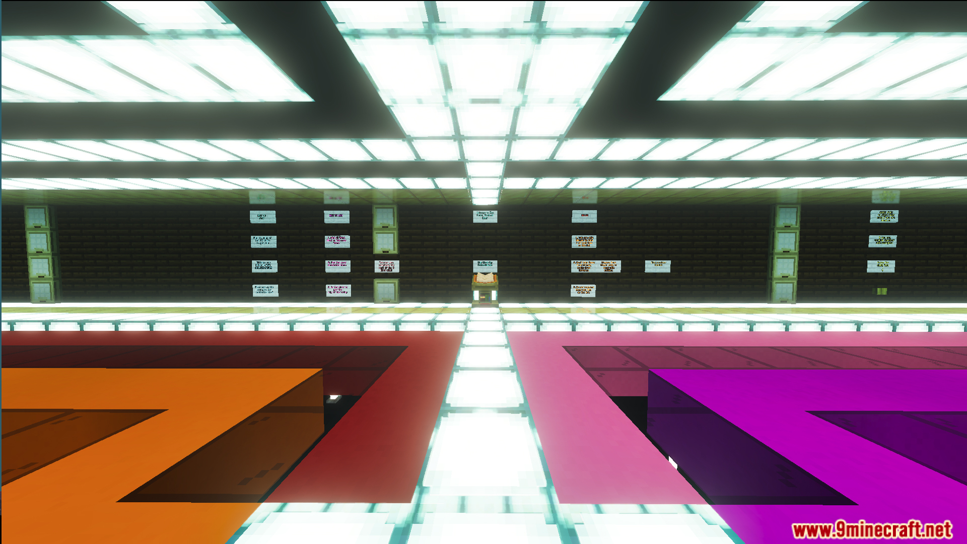 Bright lobby area with glowing floors and signs for the festive hunt