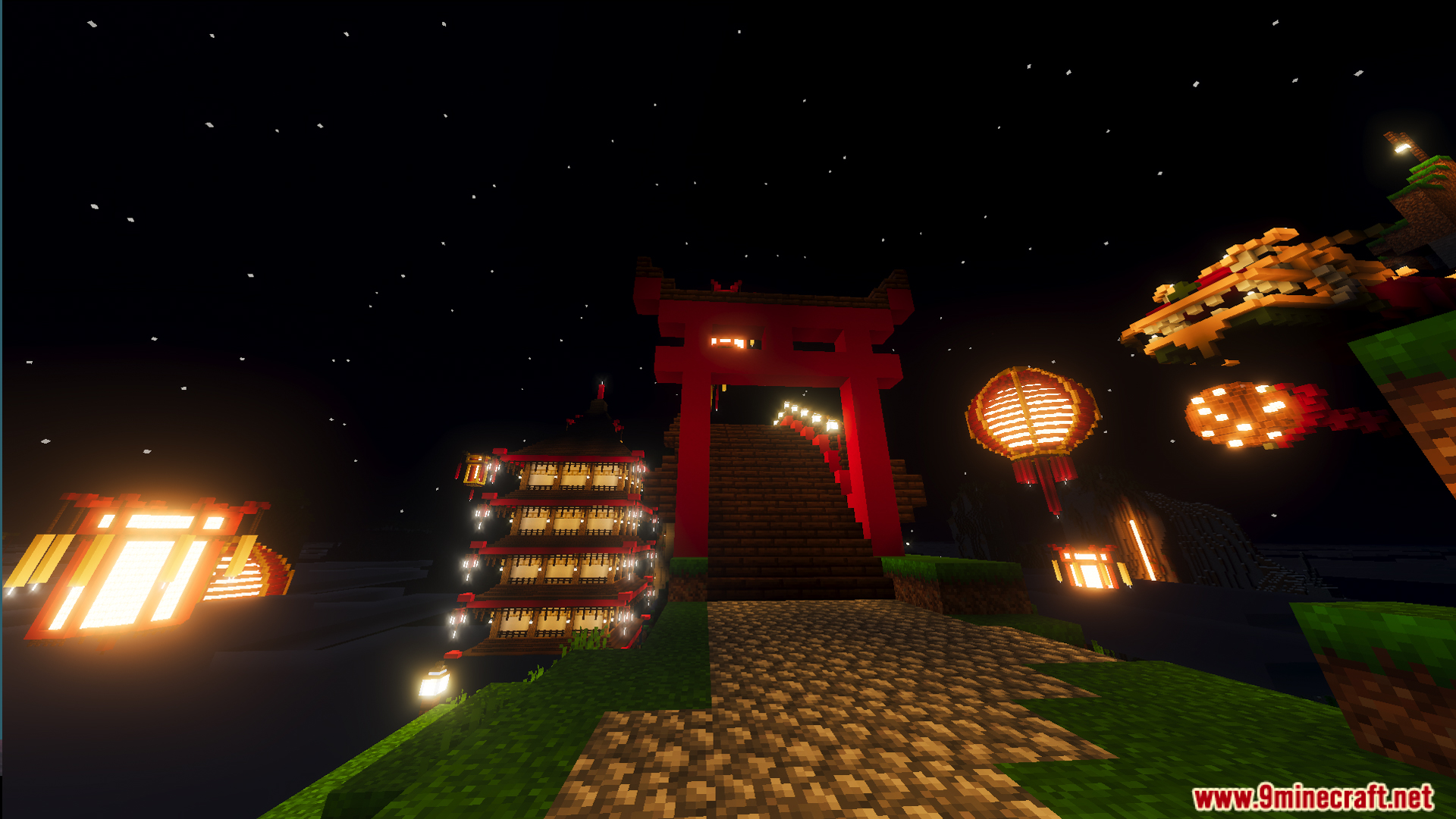 Red gate and glowing lanterns at night in Lunar Festival Hunt Map