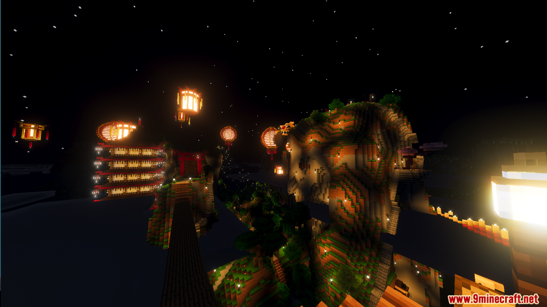 Floating islands with glowing lanterns during a lunar celebration