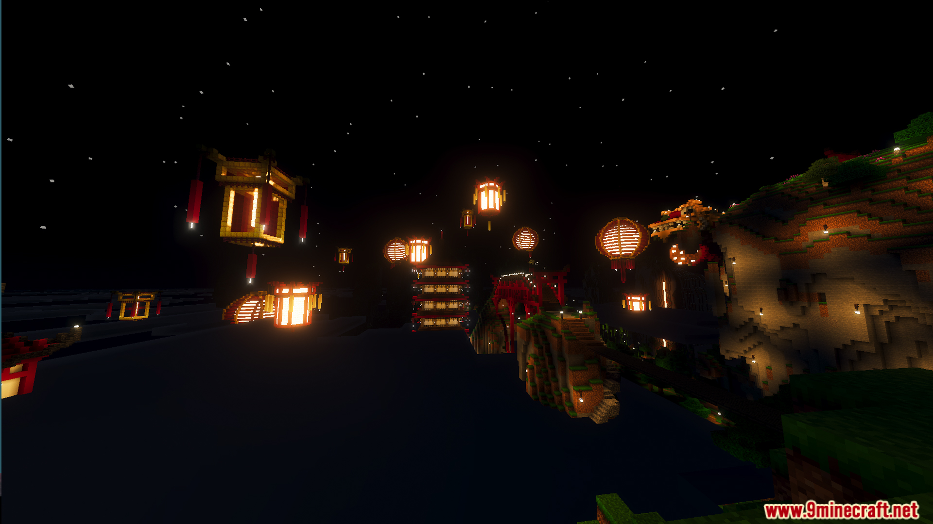Glowing lanterns float above traditional buildings in the Lunar Festival Hunt Map