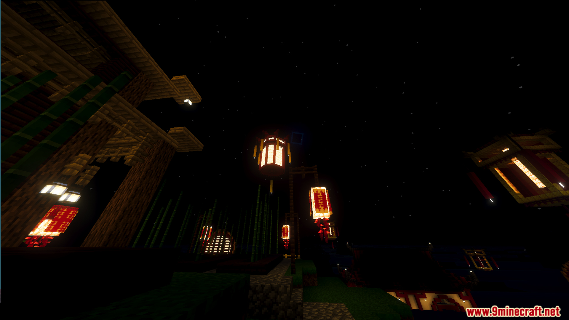 Decorative lanterns illuminate bamboo and wooden structures during the lunar celebration