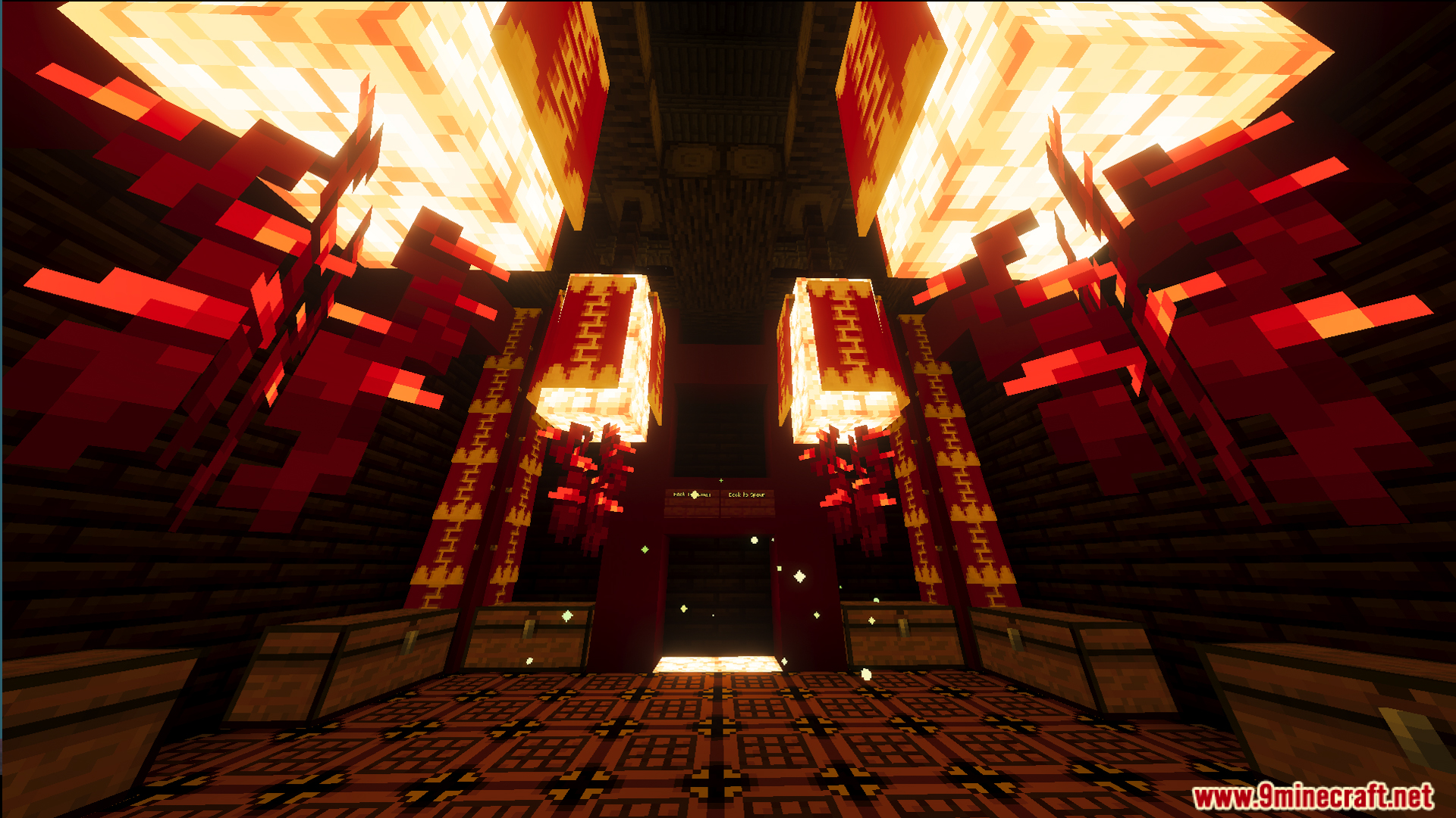Interior room with glowing lanterns red banners and chests on floors