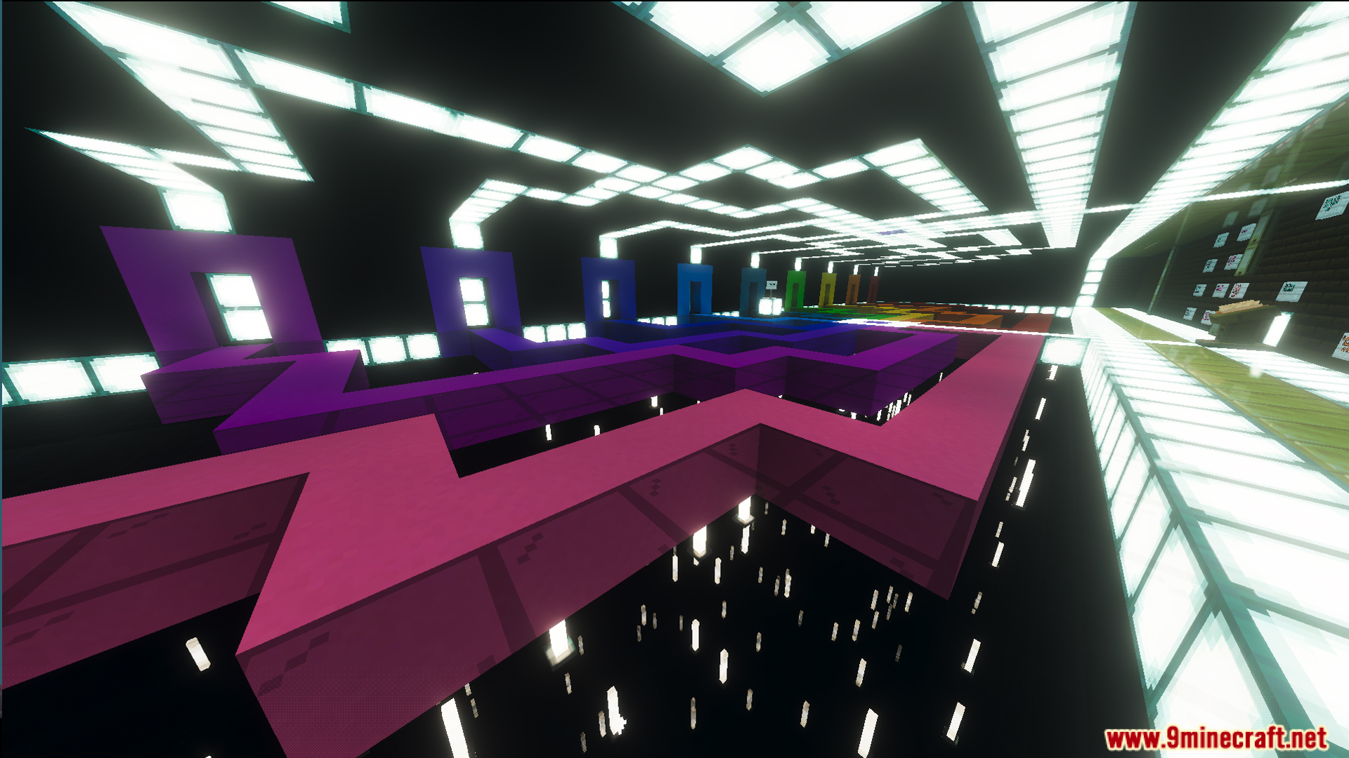 Colorful glowing paths and neon lights in a dark scavenger hunt