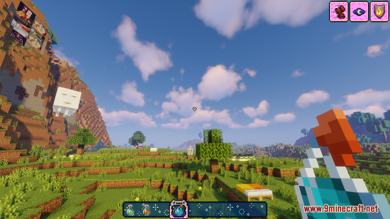 Minecraft player holding a potion with the Nyan Cat starry hotbar design