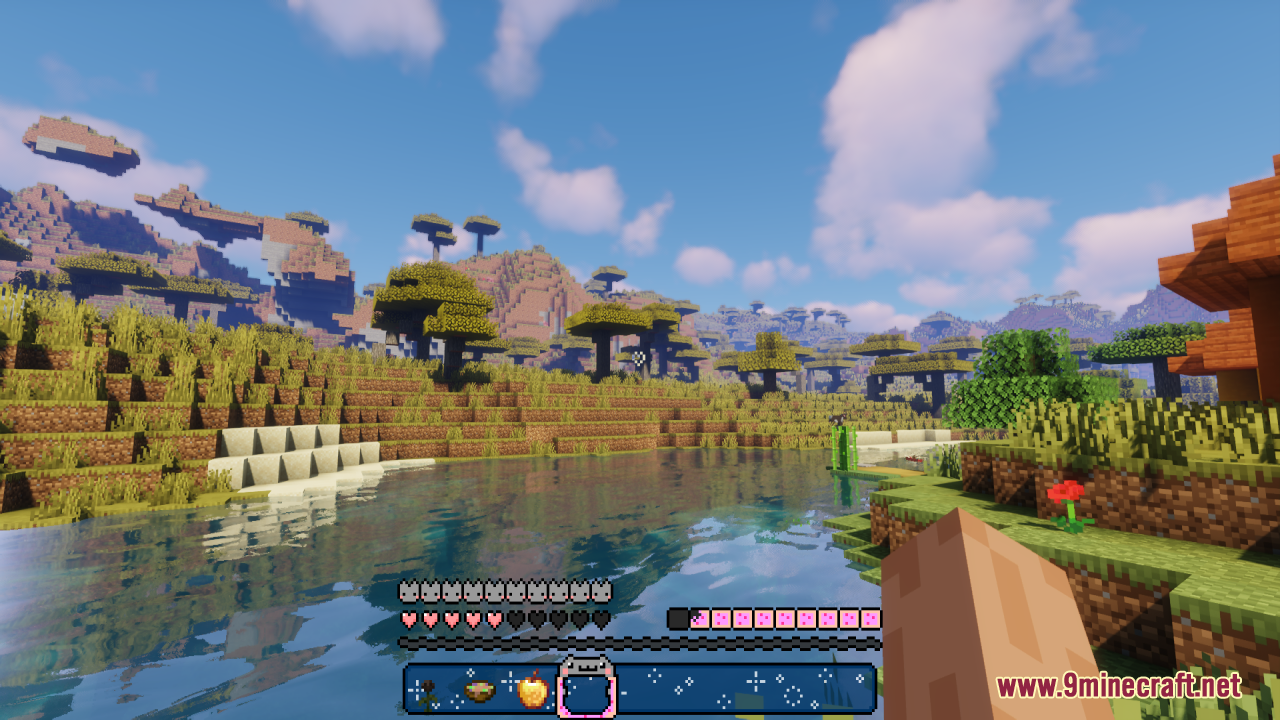 Beautiful savanna biome view featuring a custom blue starry hotbar with cat icons