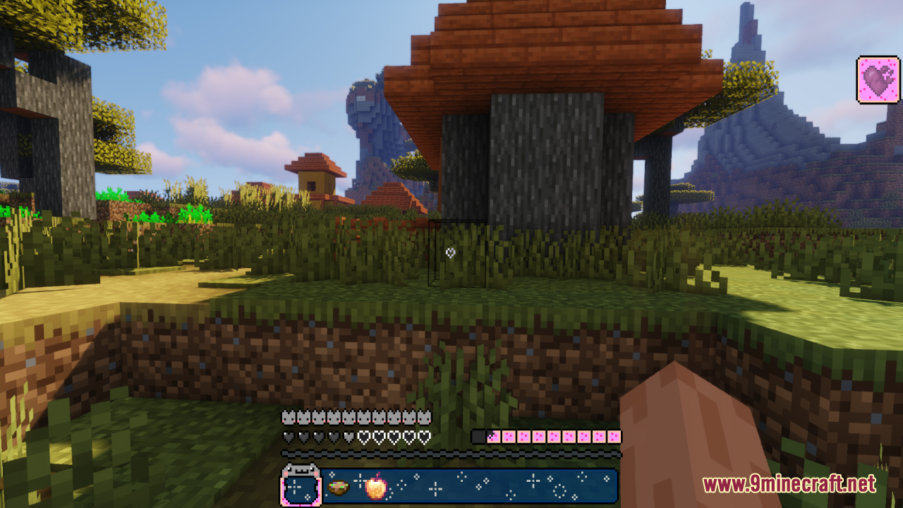 Player standing near a village house with a colorful Nyan Cat themed hotbar