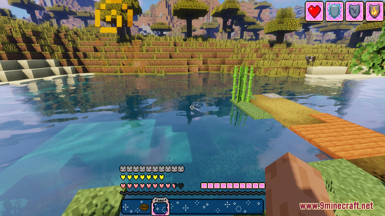 A wooden dock near a lake showing the custom rainbow cat user interface