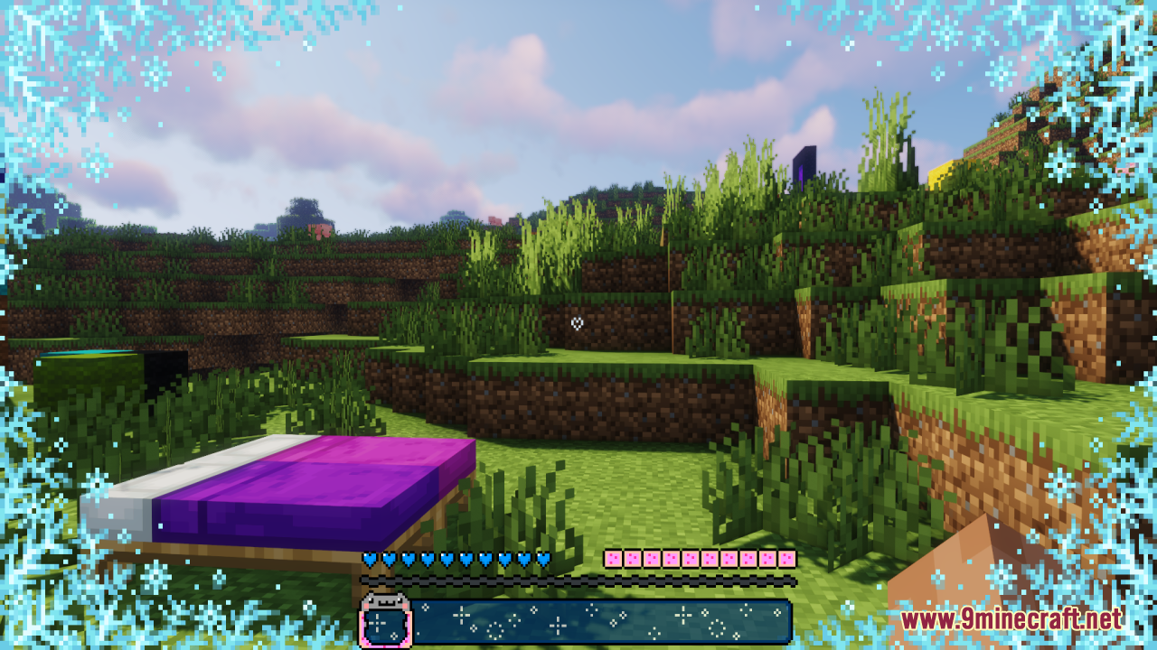 A purple bed sits in a grassy field with a Nyan Cat hotbar