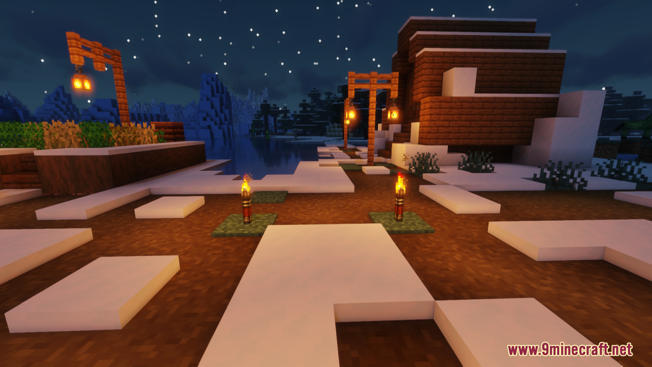 Lz Rustic Torch Resource Pack Screenshot 10 Rustic torches lighting up a snowy path in a Minecraft winter landscape at night