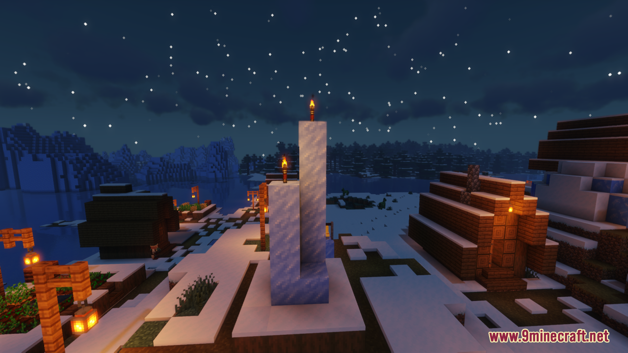 Lz Rustic Torch Resource Pack Screenshot 8 Rustic 3D torches placed on ice pillars in a snowy village night