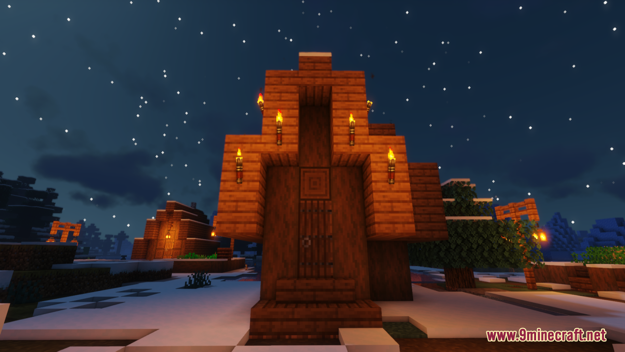 Lz Rustic Torch Resource Pack Screenshot 9 A wooden building at night featuring Lz Rustic Torch on the exterior walls