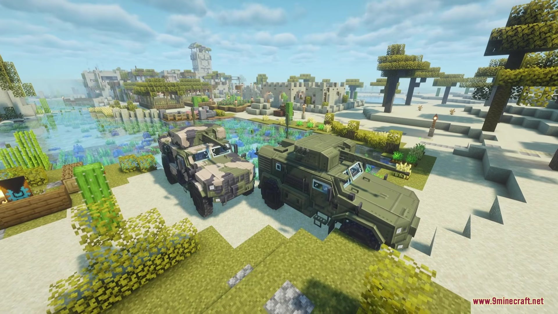 MCSP Military Vehicle Pack Mod Screenshot 2 Two armored military vehicles with different camouflage parked in a desert village