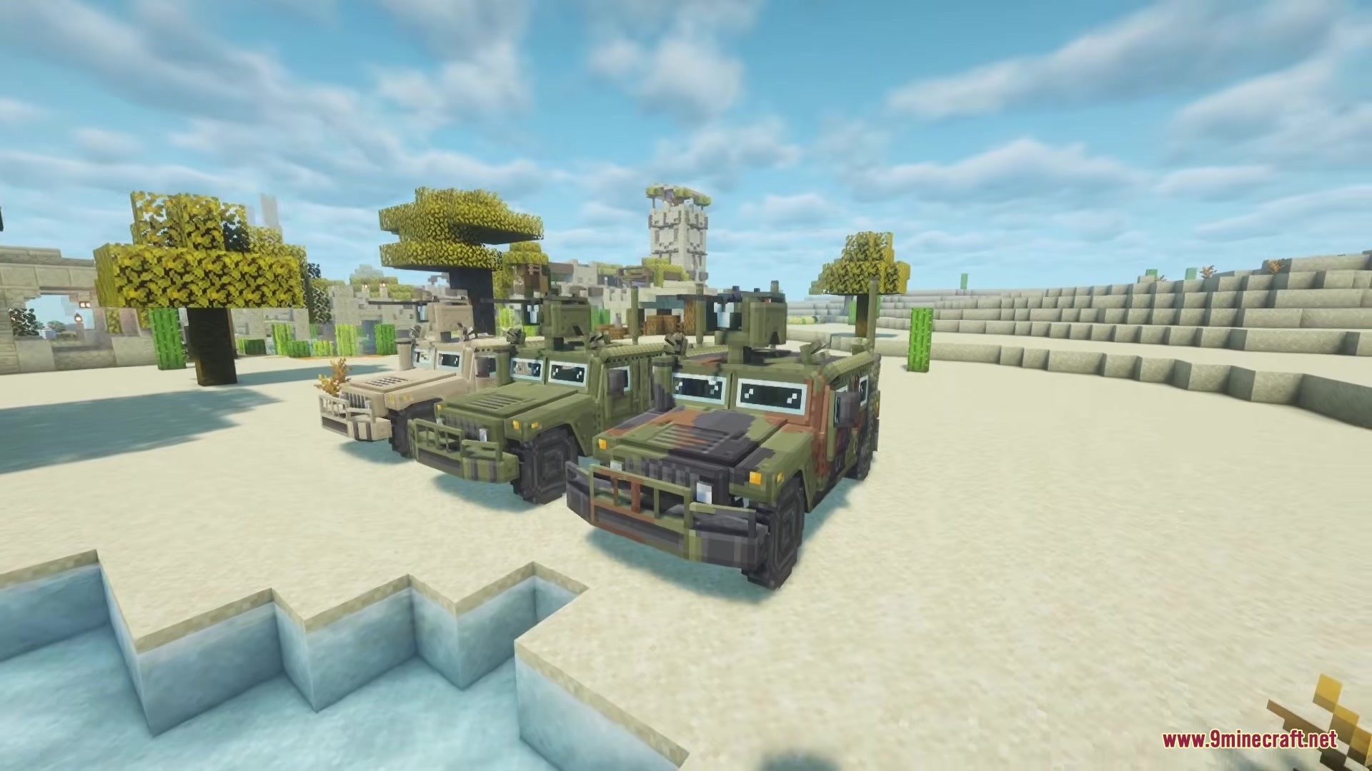 MCSP Military Vehicle Pack Mod Screenshot 4 Side view of three armored military vehicles parked in a sandy desert biome