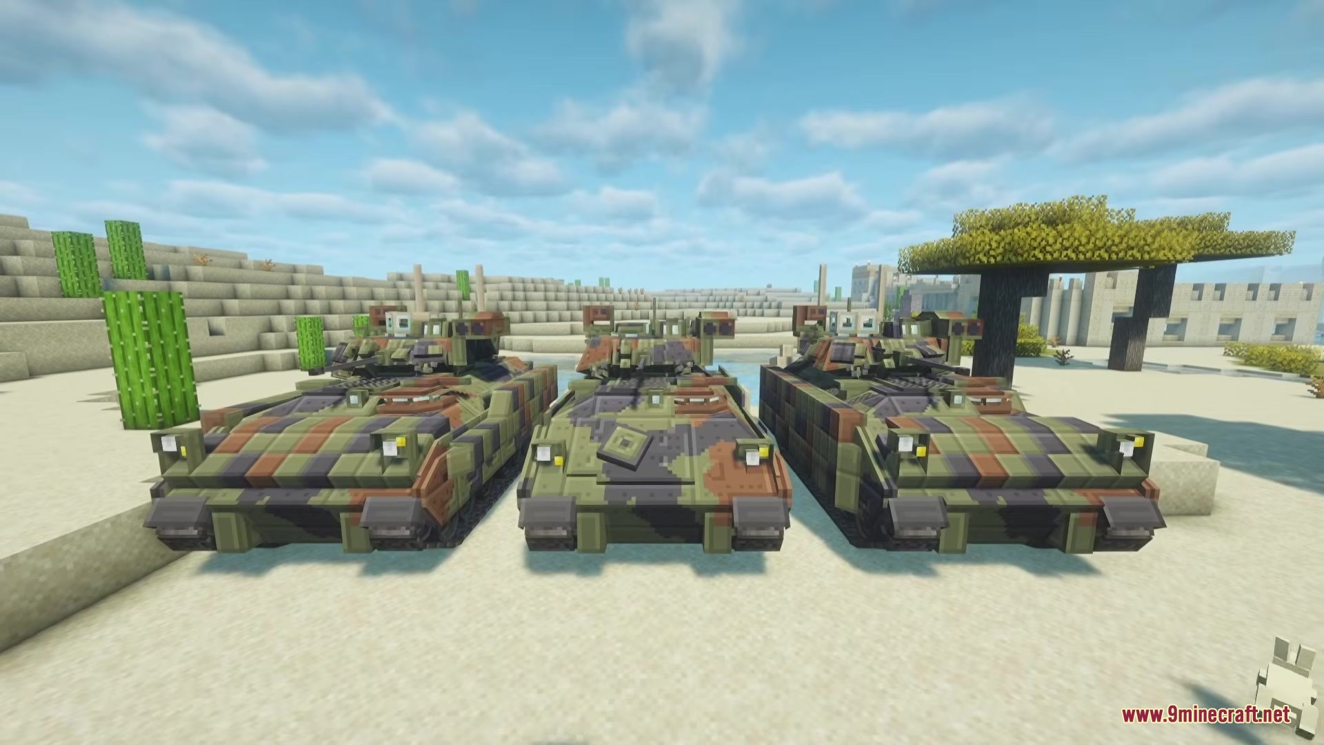 MCSP Military Vehicle Pack Mod Screenshot 6 Three armored infantry fighting vehicles with woodland camouflage patterns in a desert