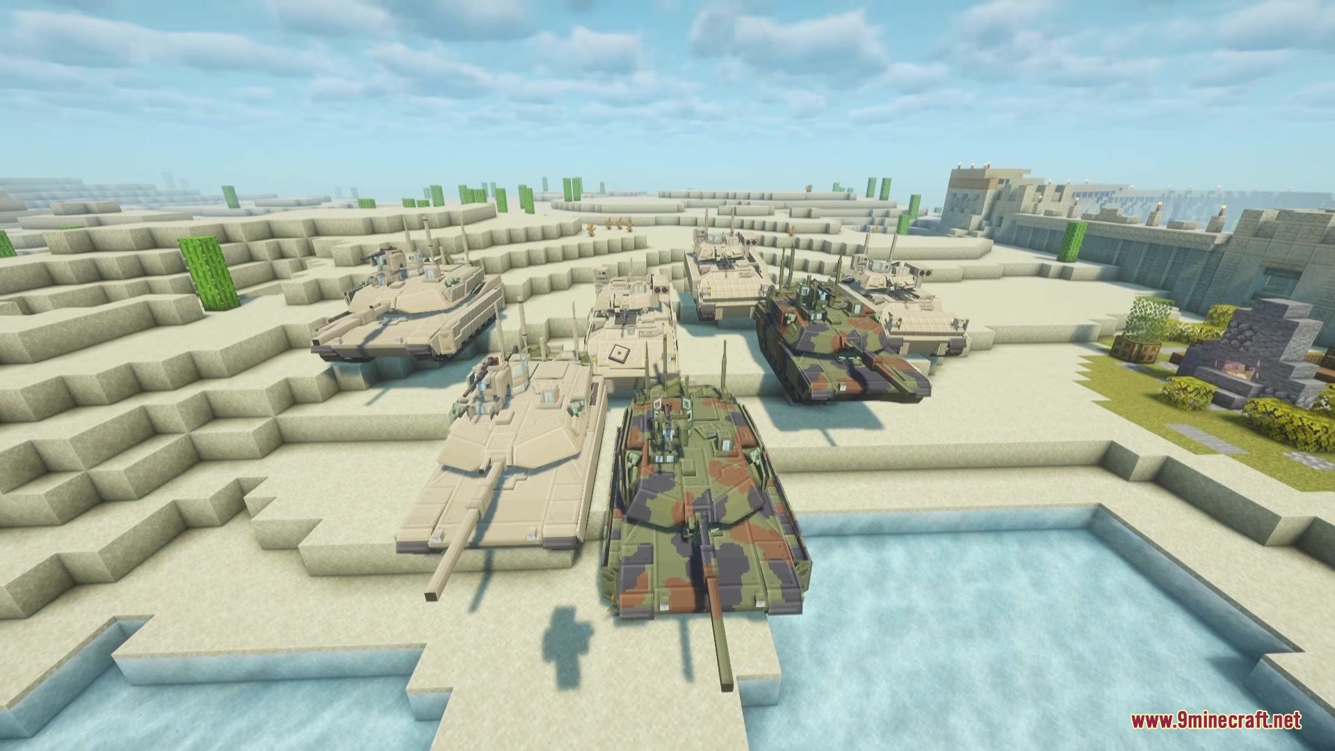 MCSP Military Vehicle Pack Mod Screenshot 8 Seven military tanks with various camouflage patterns parked on a sandy shore