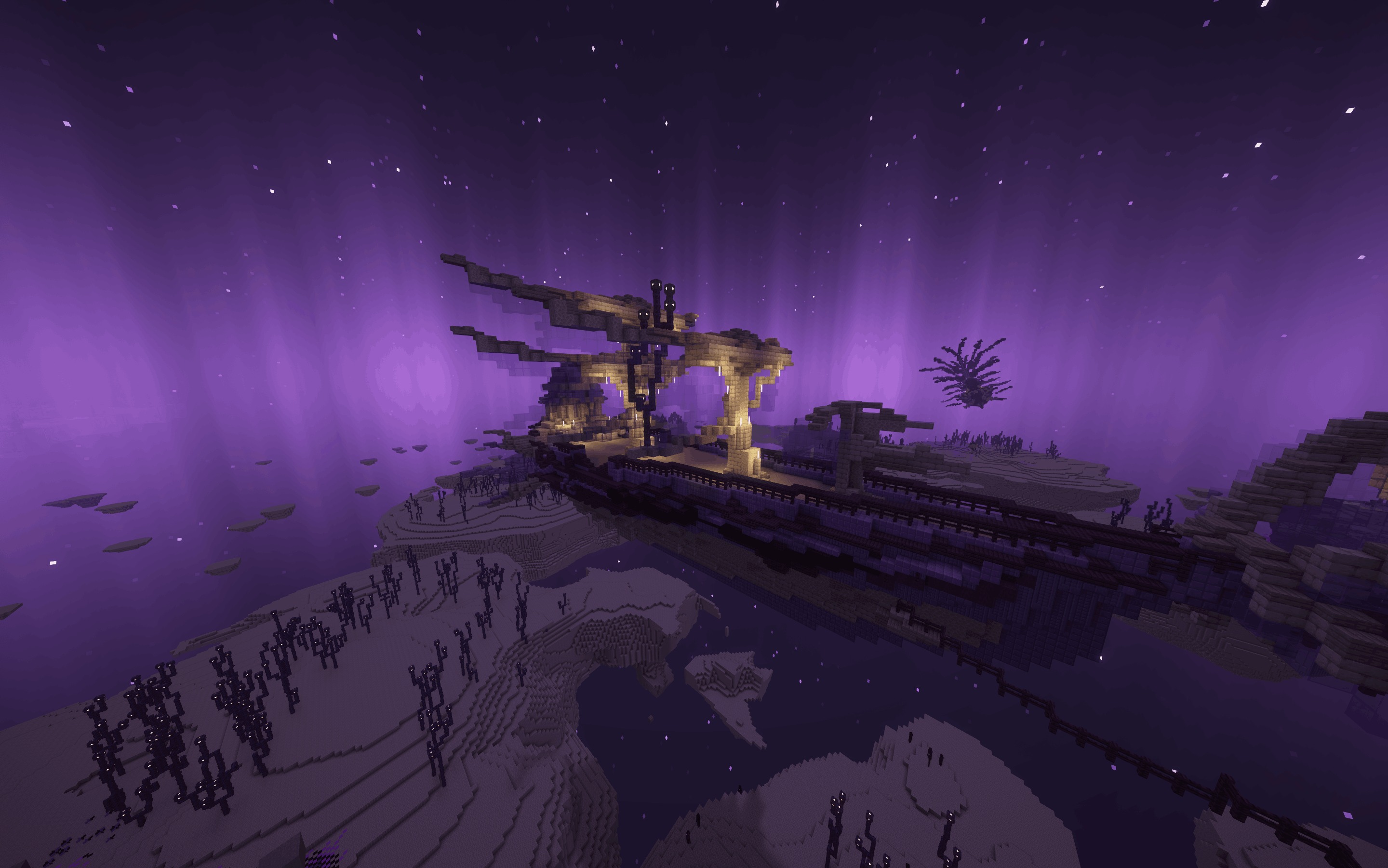 MES Biomes O' Plenty Compat Pack Data Pack Screenshot 1 A large dark structure floating over a purple End biome with aurora lights