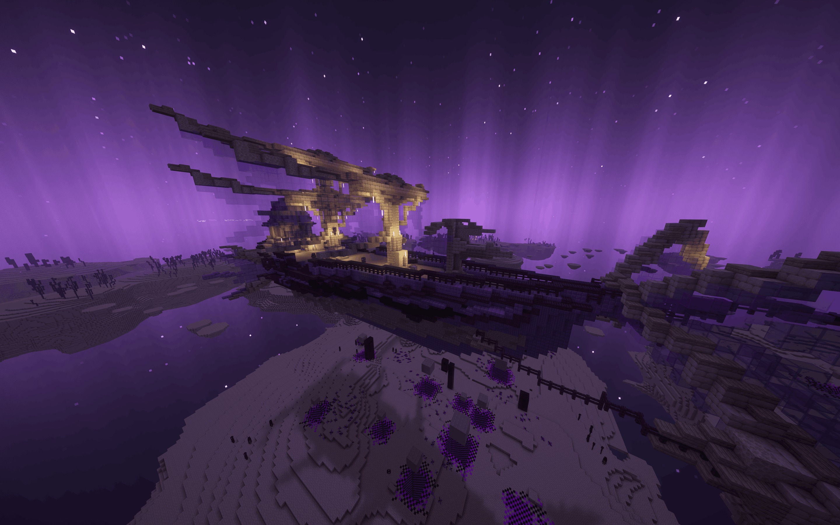 MES Biomes O' Plenty Compat Pack Data Pack Screenshot 2 Custom End structures and purple vegetation under a vibrant starry sky with auroras