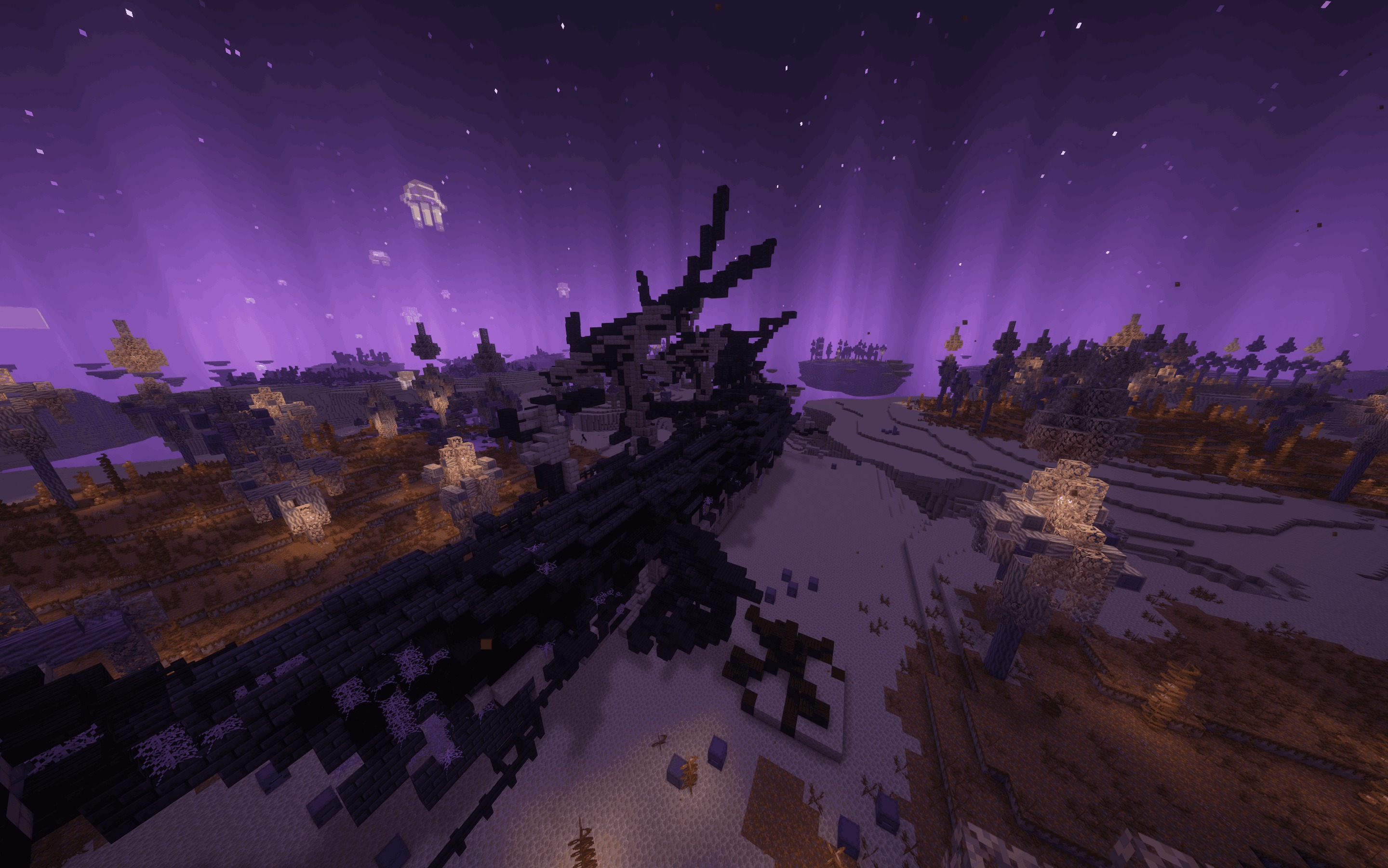 MES Biomes O' Plenty Compat Pack Data Pack Screenshot 3 A massive dark skeletal structure rests within a vibrant purple End biome landscape
