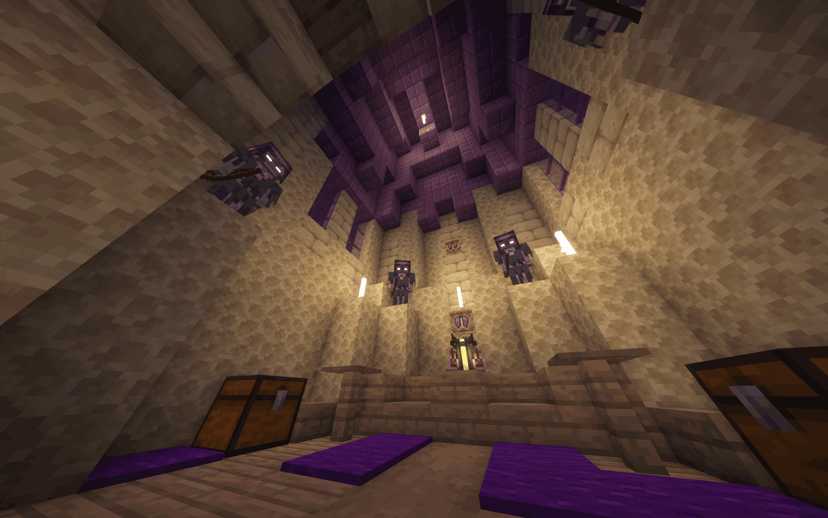 MES Biomes O' Plenty Compat Pack Data Pack Screenshot 4 Inside a stone structure with purple accents and armor stands holding dark equipment