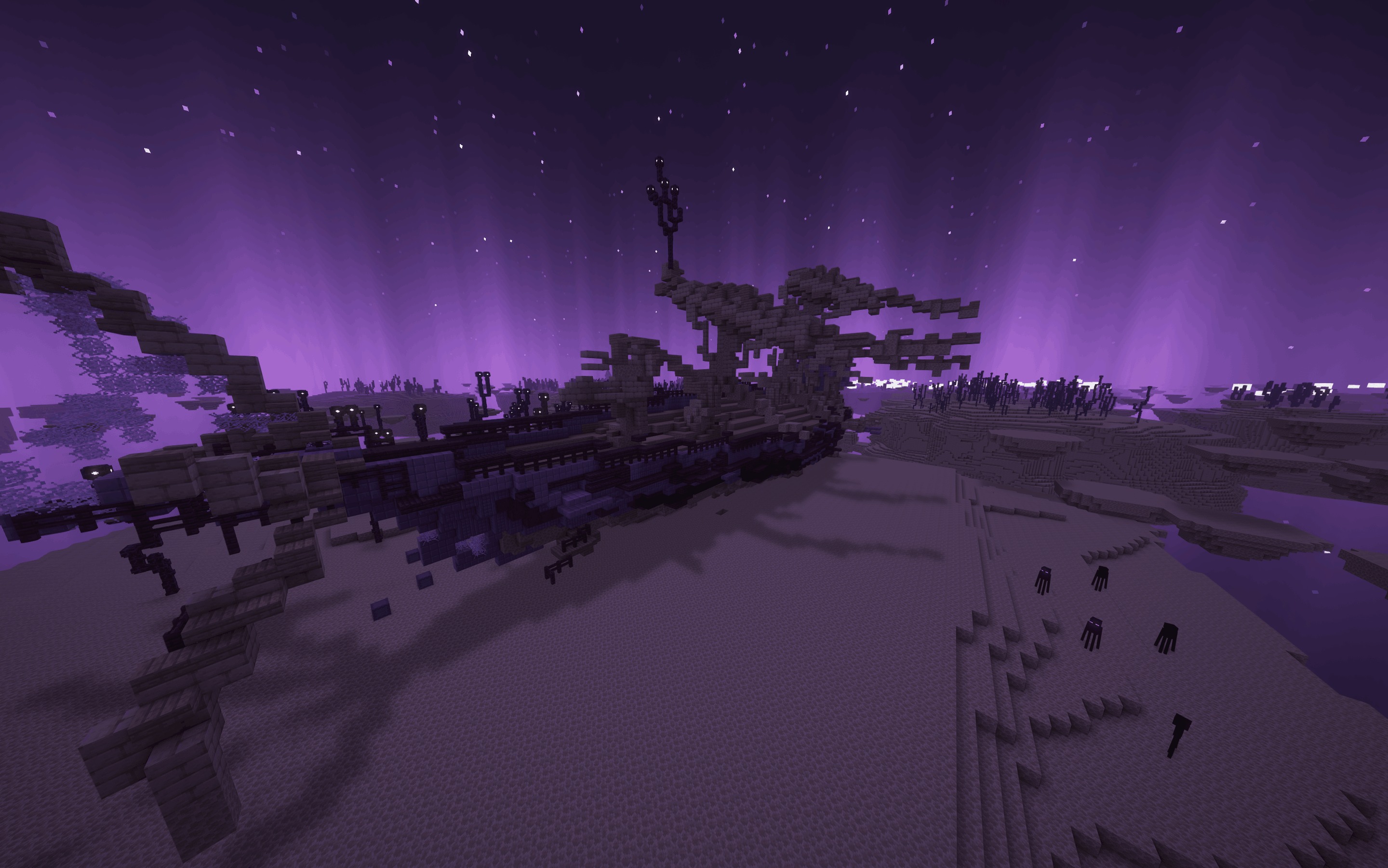 MES Biomes O' Plenty Compat Pack Data Pack Screenshot 5 A massive dark ship structure rests on the End terrain under purple aurora