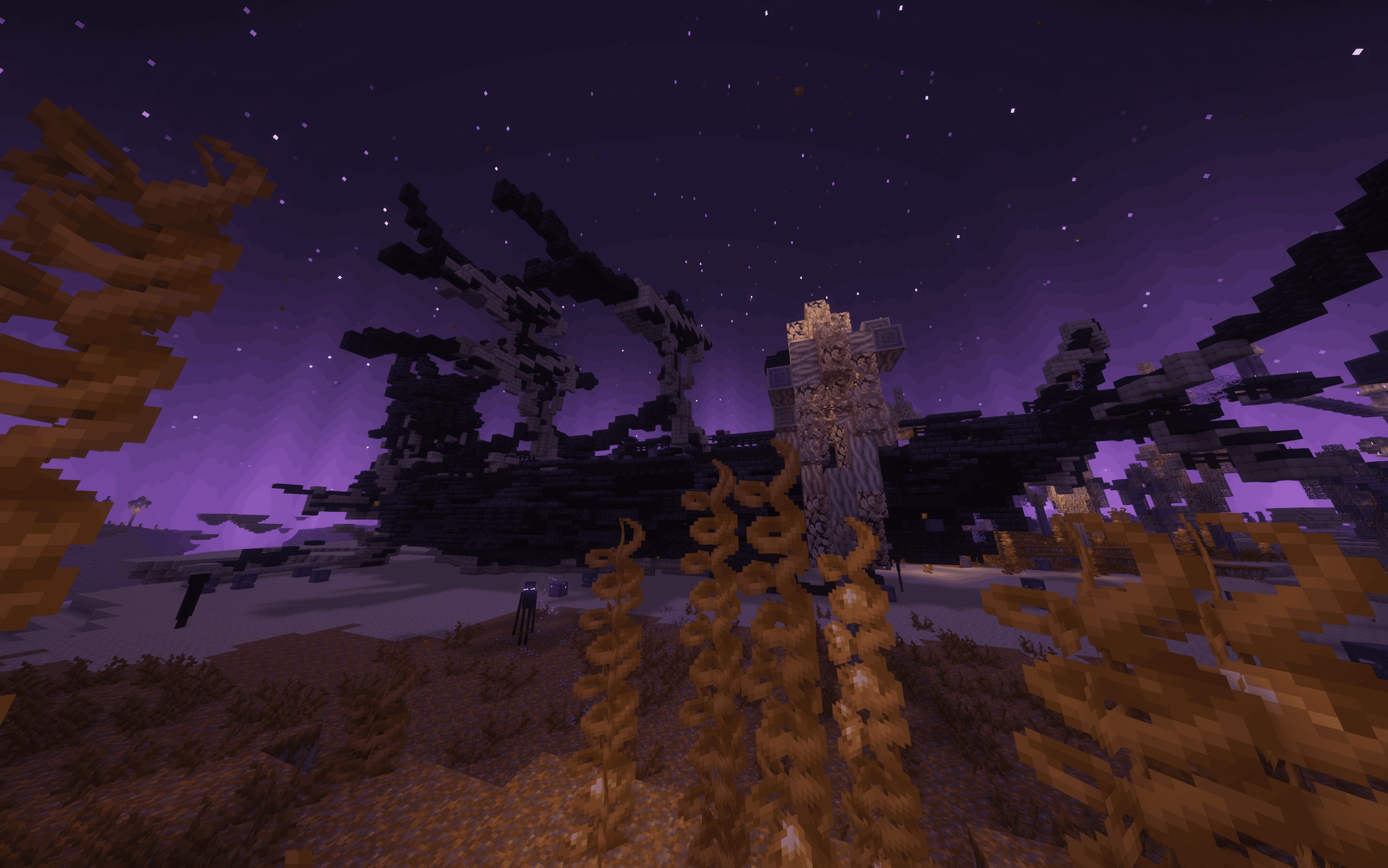MES Biomes O' Plenty Compat Pack Data Pack Screenshot 7 A dark ruined ship structure in a purple End biome with orange plants