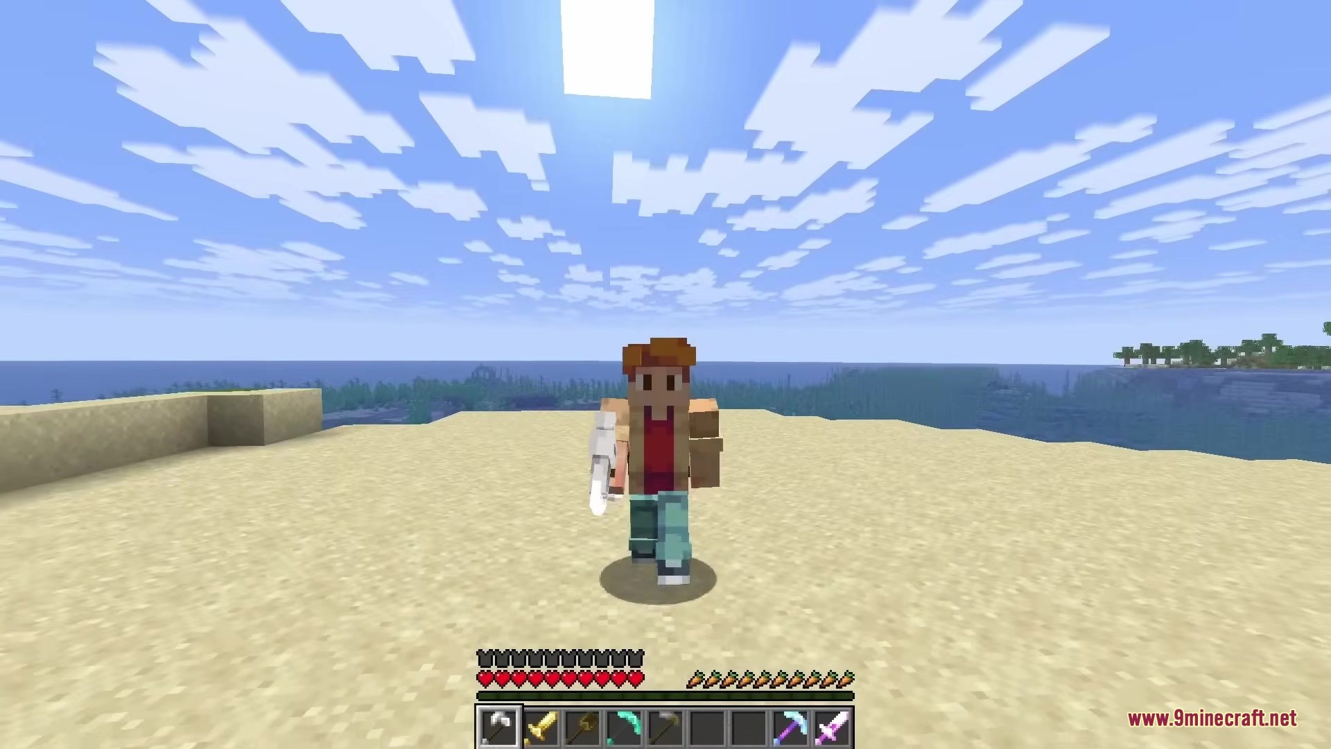 Minecraft player showcasing the MLC Better Gear Resource Pack on a beach