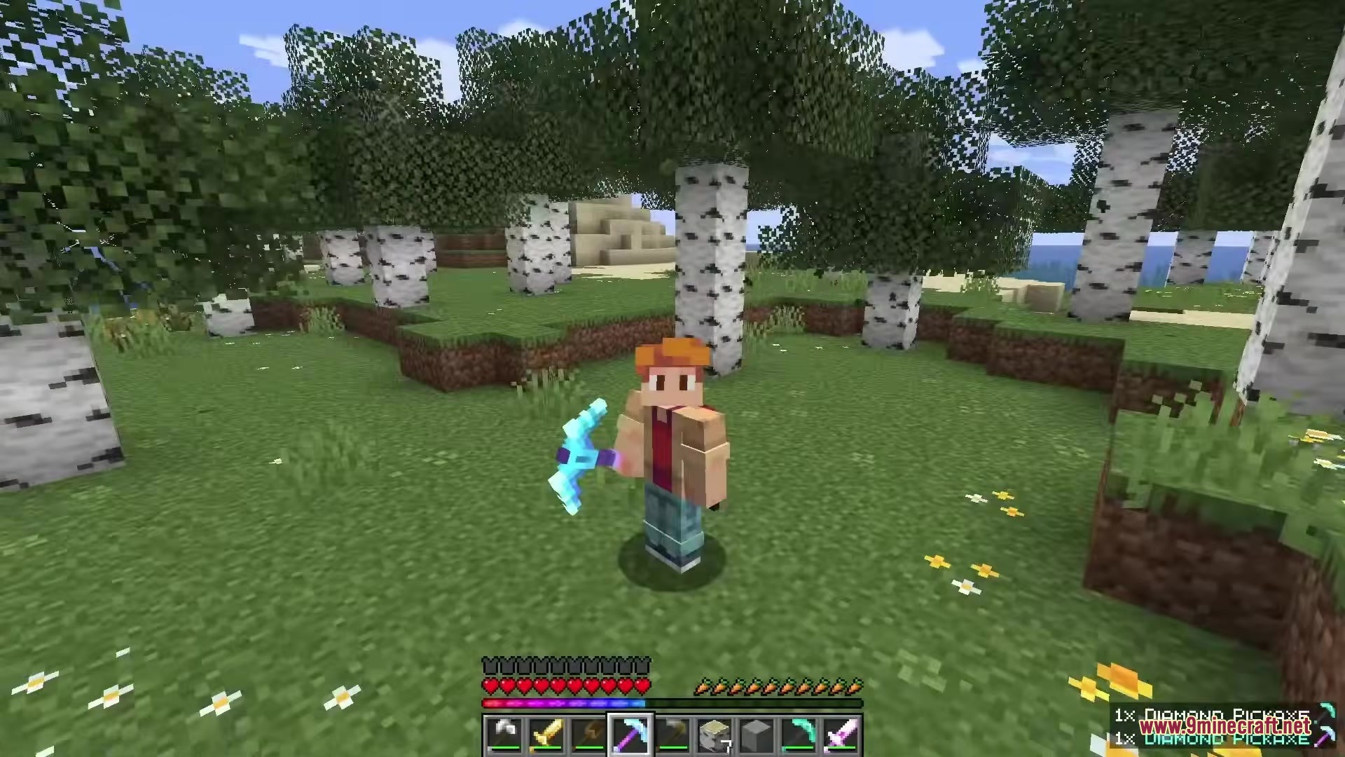 A player character holding a custom 3D diamond pickaxe in a birch forest