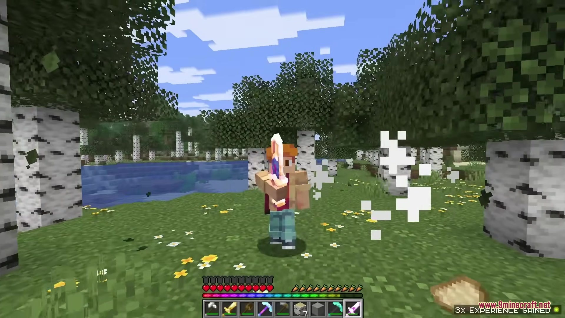 Minecraft character holding a 3D modeled enchanted sword in a bright birch forest