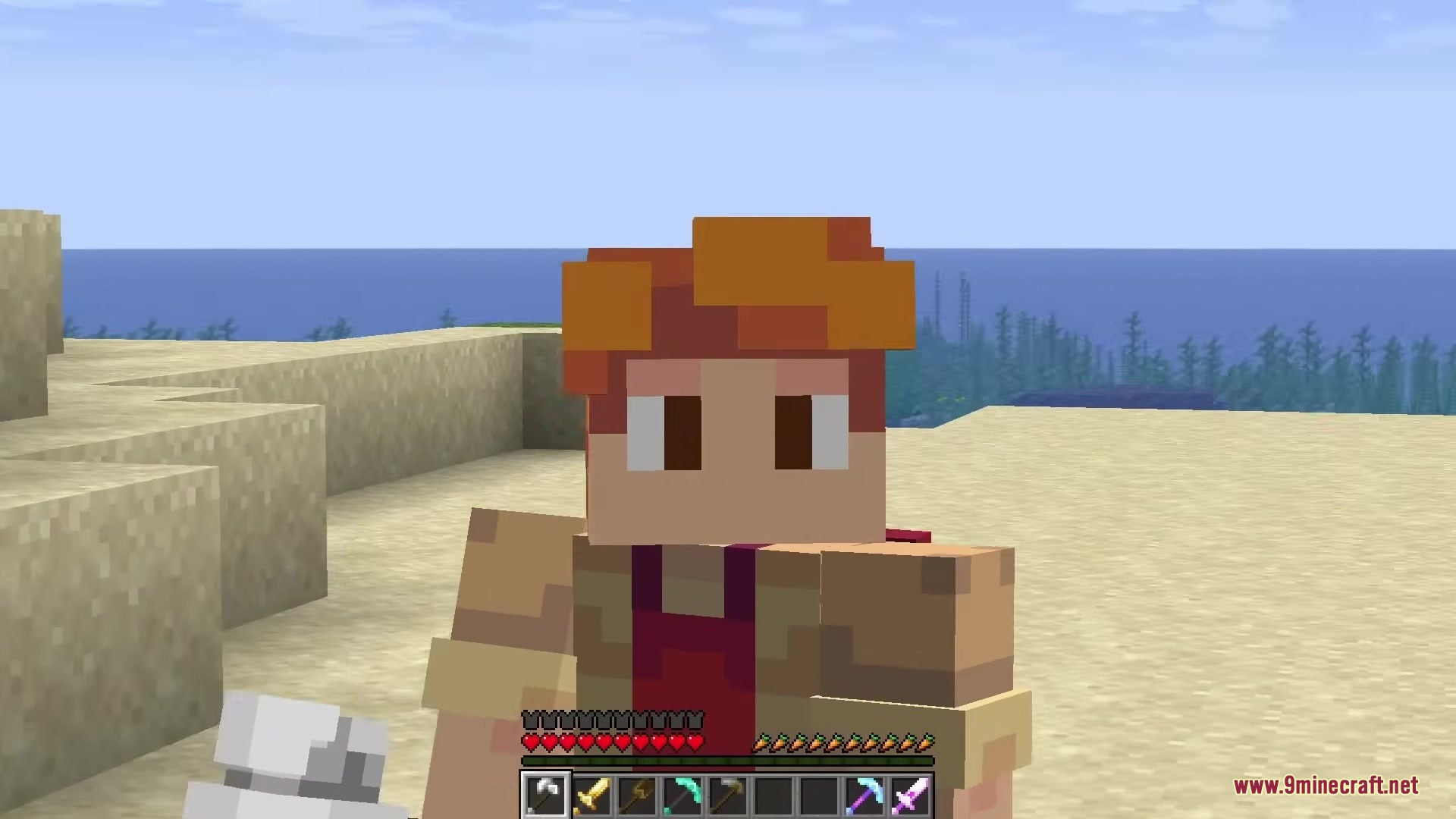 Close up of a player character holding a detailed 3D modeled weapon