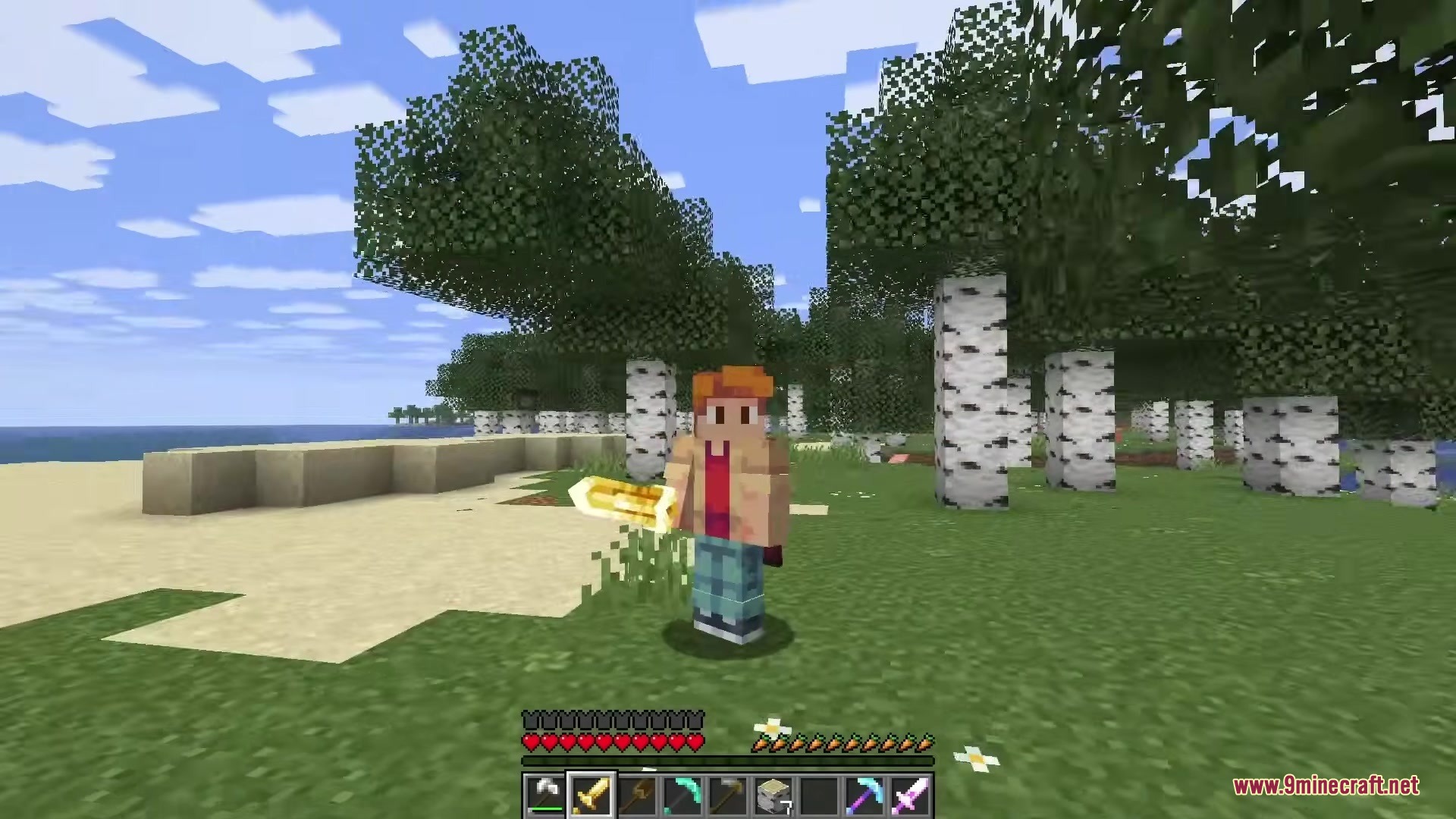 A player character holding a glowing 3D golden sword in a birch forest
