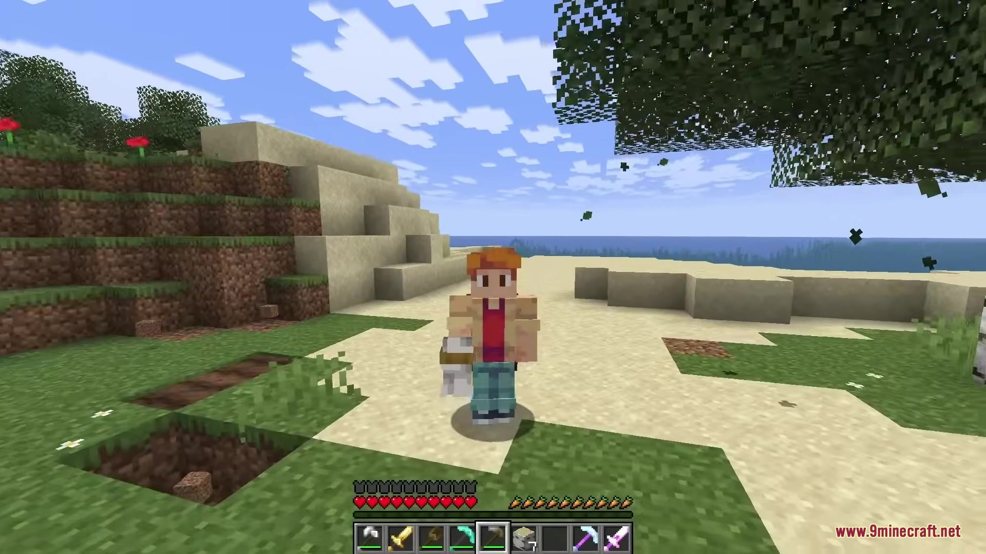 Character standing on a beach while holding a detailed 3D stone axe model