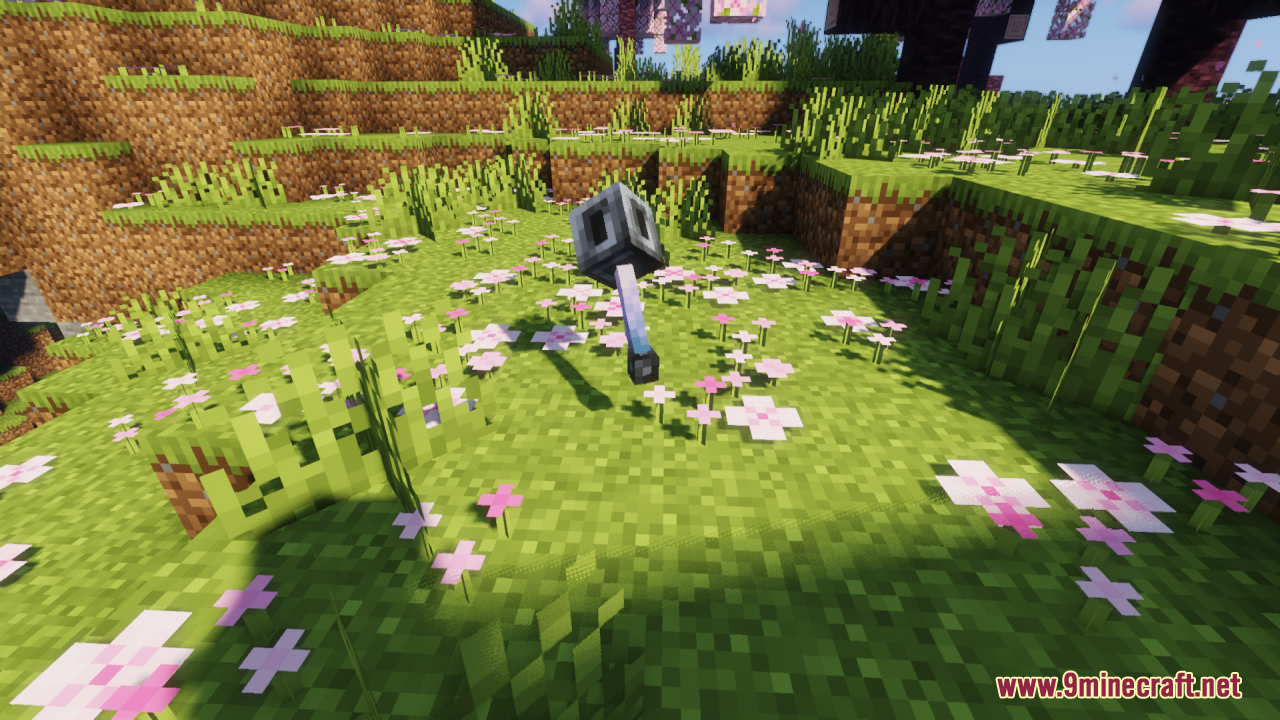 Mace 3D Item Resource Pack Screenshot 3 The 3D mace item model dropped on a field of pink flowers