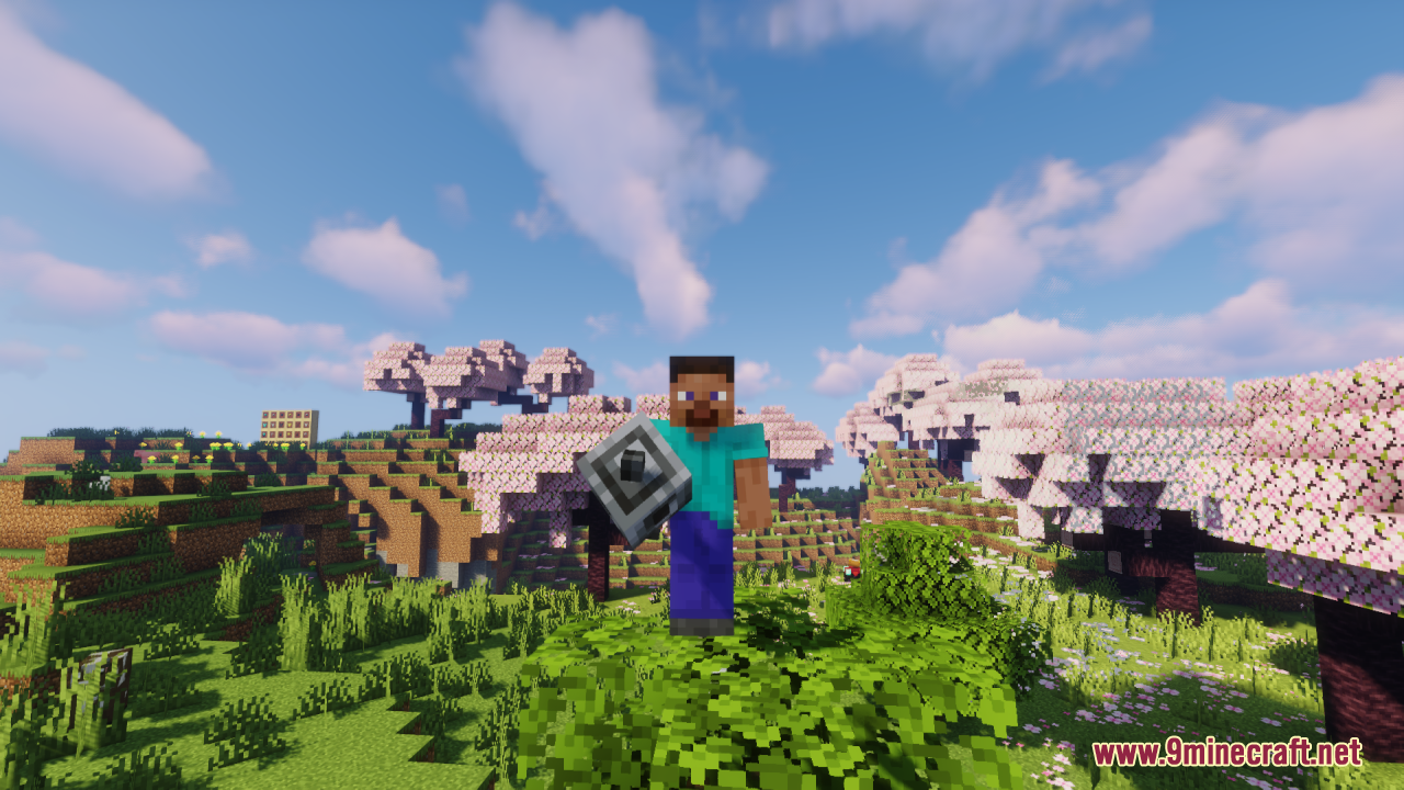 Mace 3D Item Resource Pack Screenshot 6 Steve character holding a thick 3D mace in a cherry blossom biome