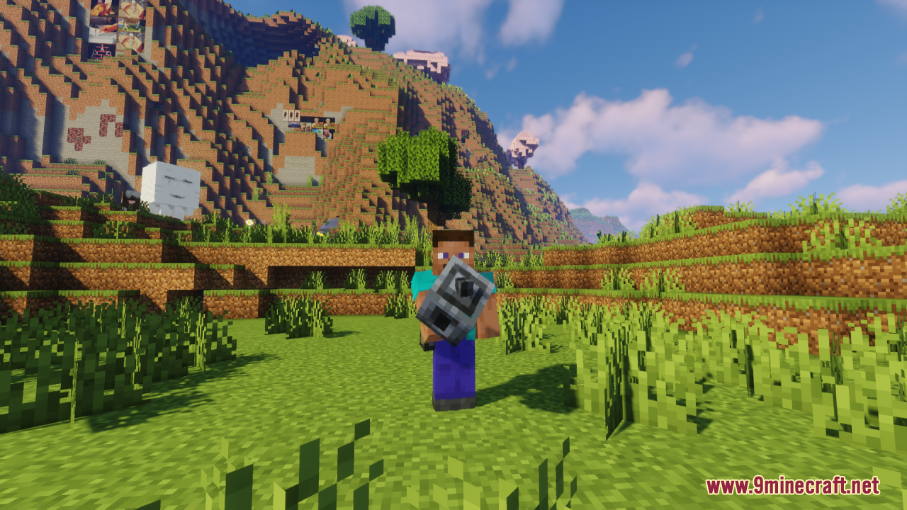 Mace 3D Item Resource Pack Screenshot 7 Steve holding a custom 3D mace model in a scenic Minecraft landscape
